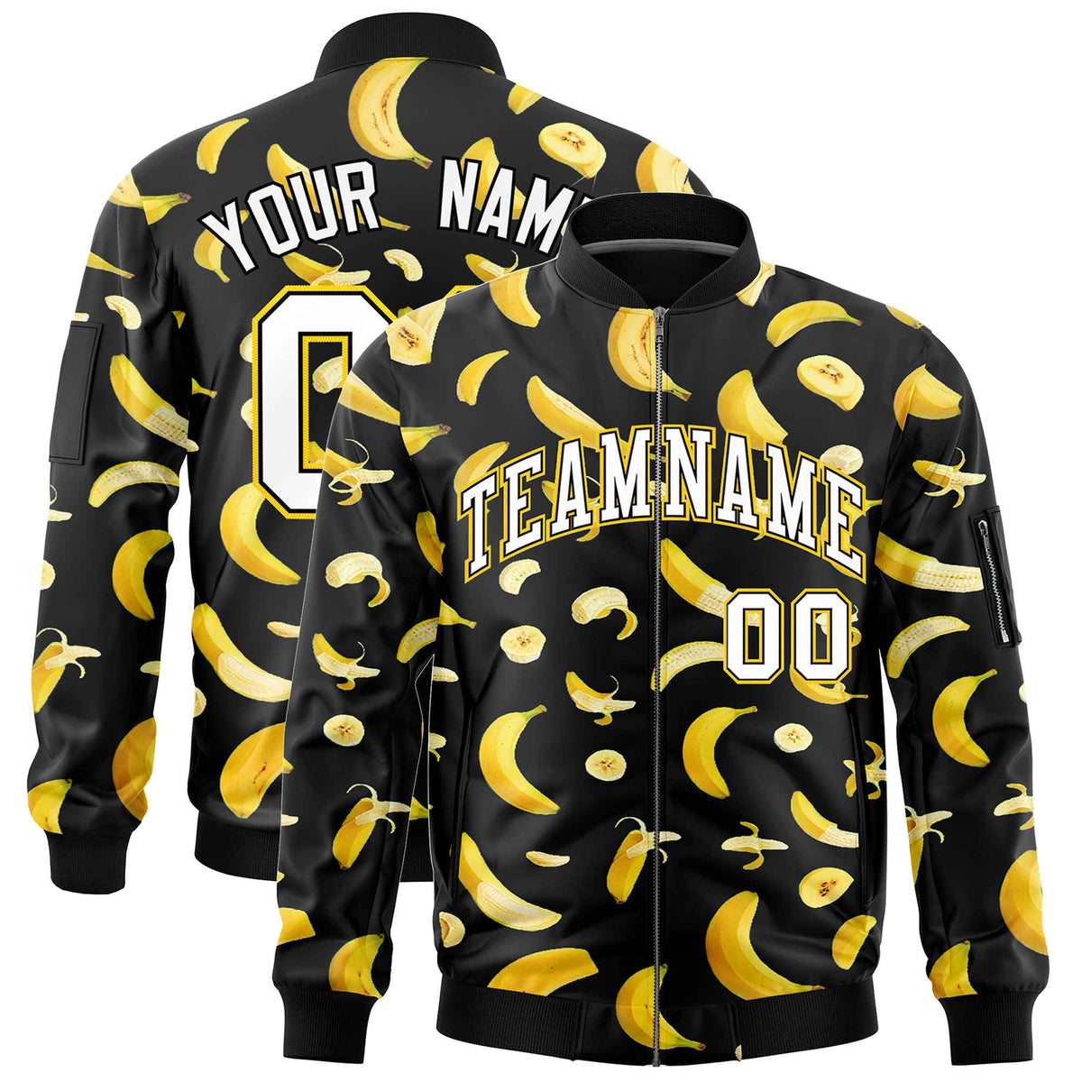 Custom Black Varsity Full-Zip Banana Pattern Letterman Bomber Jacket | Graffiti Pattern | Embroidery&amp;Dye-sublimation printing | KXKSHOP