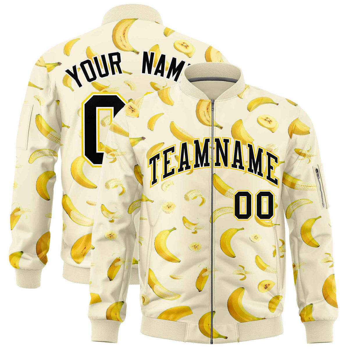 Custom Cream Varsity Full-Zip Banana Pattern Letterman Bomber Jacket | Graffiti Pattern | Embroidery&amp;Dye-sublimation printing | KXKSHOP