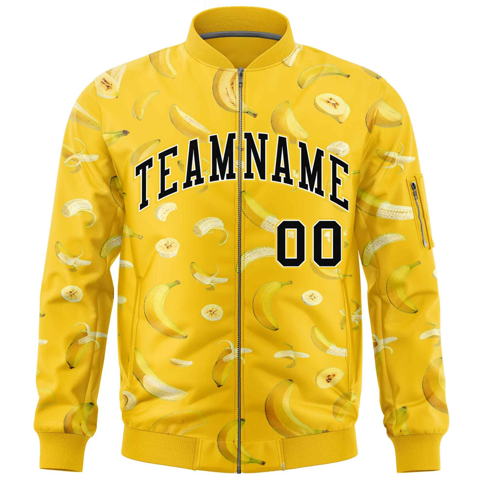 Custom Gold Varsity Full-Zip Banana Pattern Letterman Bomber Jacket | Graffiti Pattern | Embroidery&Dye-sublimation printing | KXKSHOP