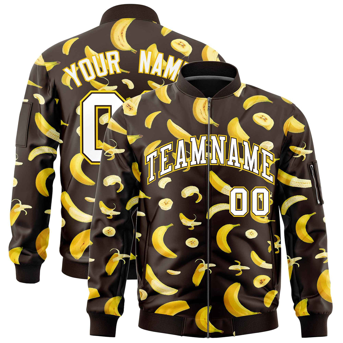 Custom Brown Varsity Full-Zip Banana Pattern Letterman Bomber Jacket | Graffiti Pattern | Embroidery&amp;Dye-sublimation printing | KXKSHOP