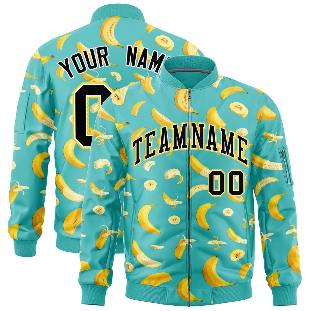 Custom Teal Varsity Full-Zip Banana Pattern Letterman Bomber Jacket | Graffiti Pattern | Embroidery&amp;Dye-sublimation printing | KXKSHOP