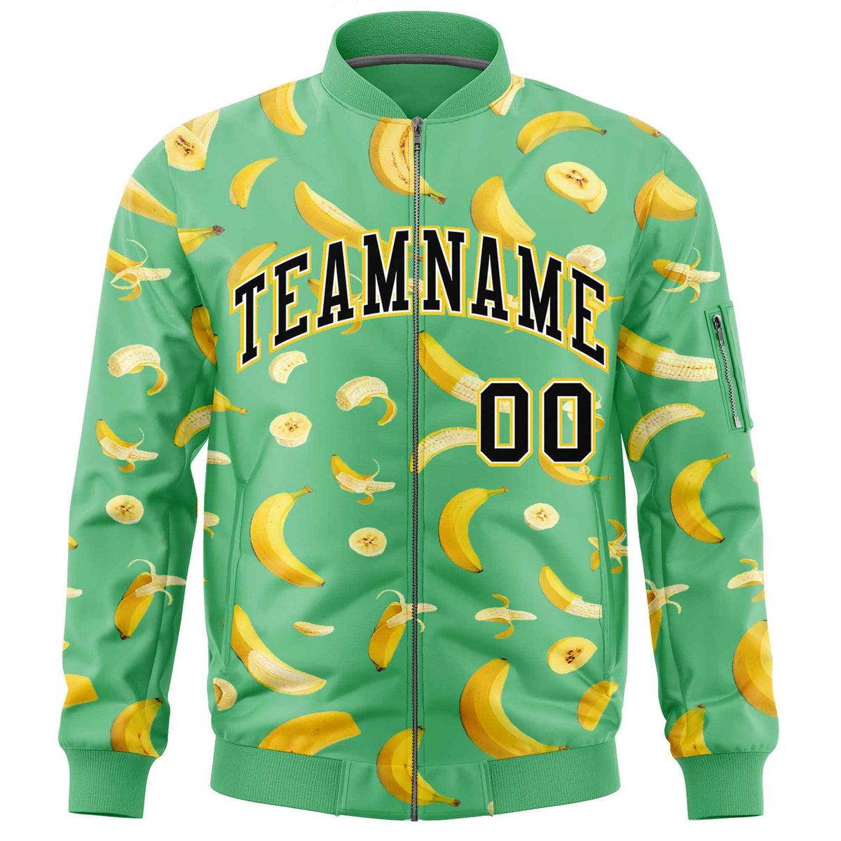 Custom Neon Green Varsity Full-Zip Banana Pattern Letterman Bomber Jacket | Graffiti Pattern | Embroidery&amp;Dye-sublimation printing | KXKSHOP