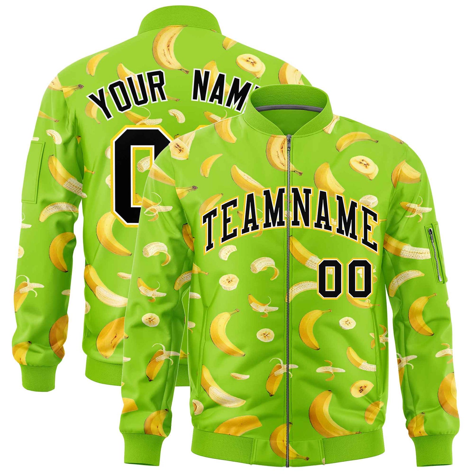 Custom Neon Green Varsity Full-Zip Banana Pattern Letterman Bomber Jacket | Graffiti Pattern | Embroidery&Dye-sublimation printing | KXKSHOP