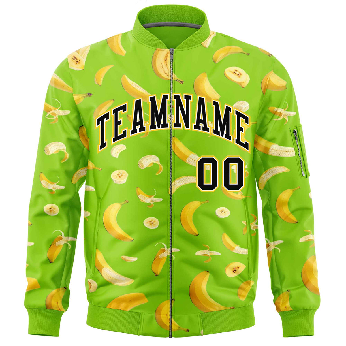 Custom Neon Green Varsity Full-Zip Banana Pattern Letterman Bomber Jacket | Graffiti Pattern | Embroidery&amp;Dye-sublimation printing | KXKSHOP