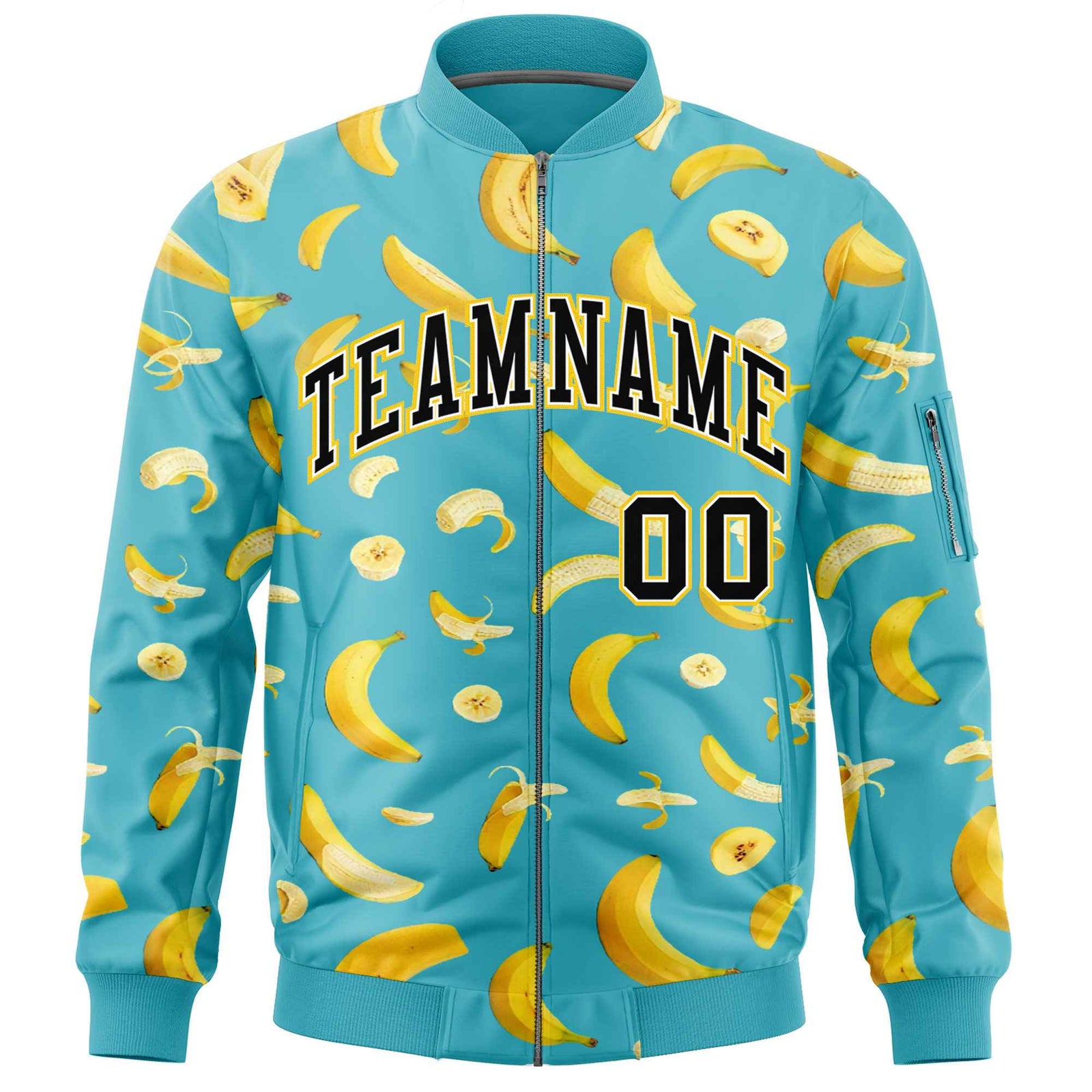Custom Sky Blue Varsity Full-Zip Banana Pattern Letterman Bomber Jacket | Graffiti Pattern | Embroidery&Dye-sublimation printing | KXKSHOP
