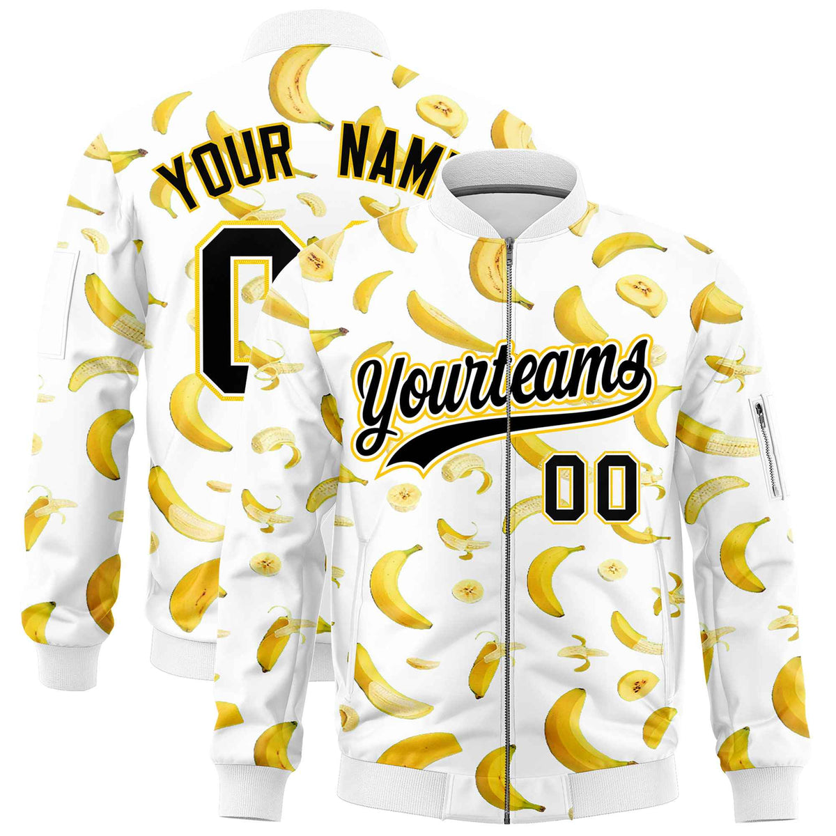 Custom White Varsity Full-Zip Banana Pattern Letterman Bomber Jacket | Graffiti Pattern | Embroidery&amp;Dye-sublimation printing | KXKSHOP