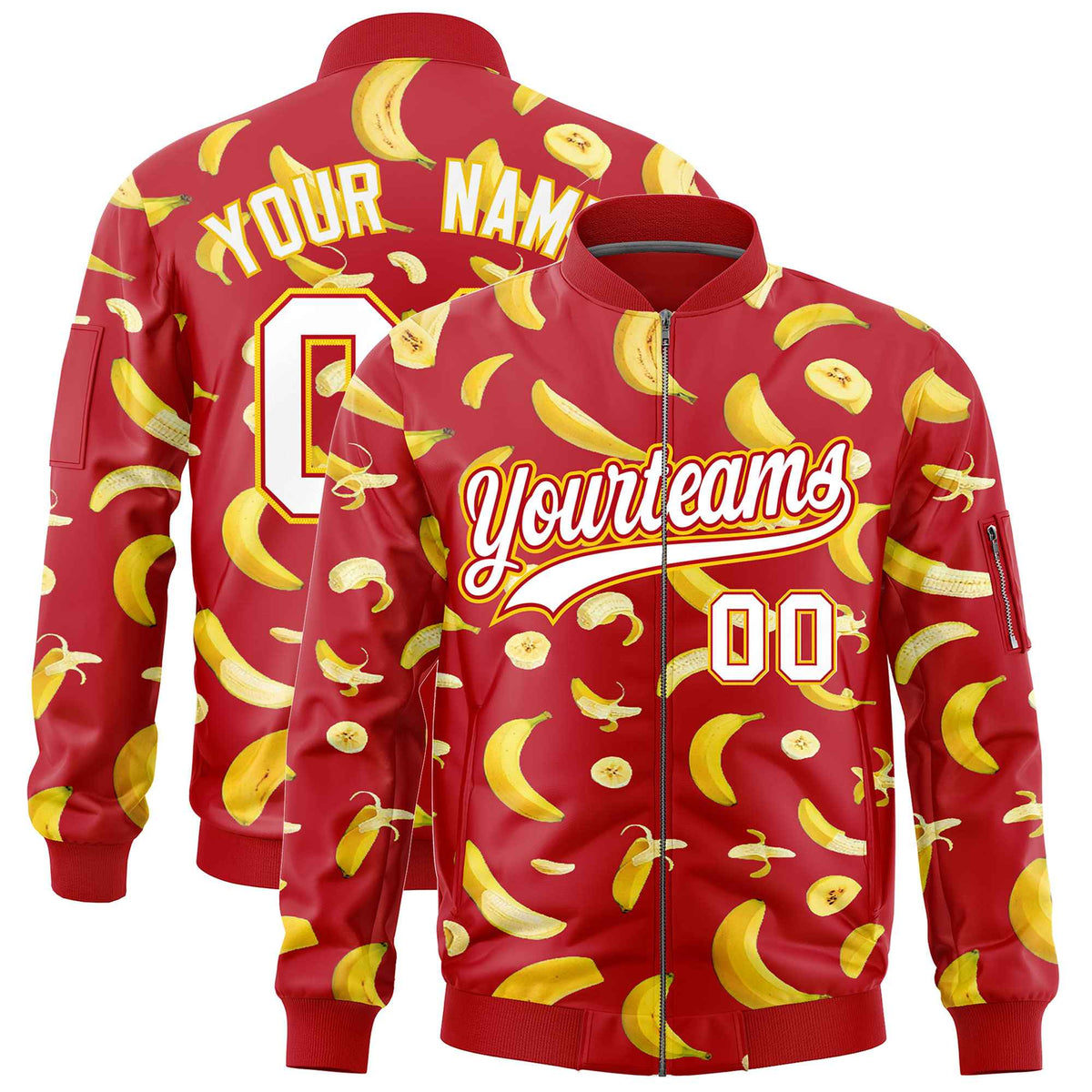 Custom Red Varsity Full-Zip Banana Pattern Letterman Bomber Jacket | Graffiti Pattern | Embroidery&amp;Dye-sublimation printing | KXKSHOP