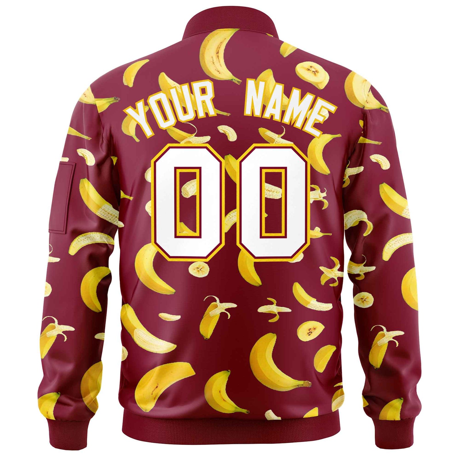 Custom Crimson Varsity Full-Zip Banana Pattern Letterman Bomber Jacket | Graffiti Pattern | Embroidery&Dye-sublimation printing | KXKSHOP
