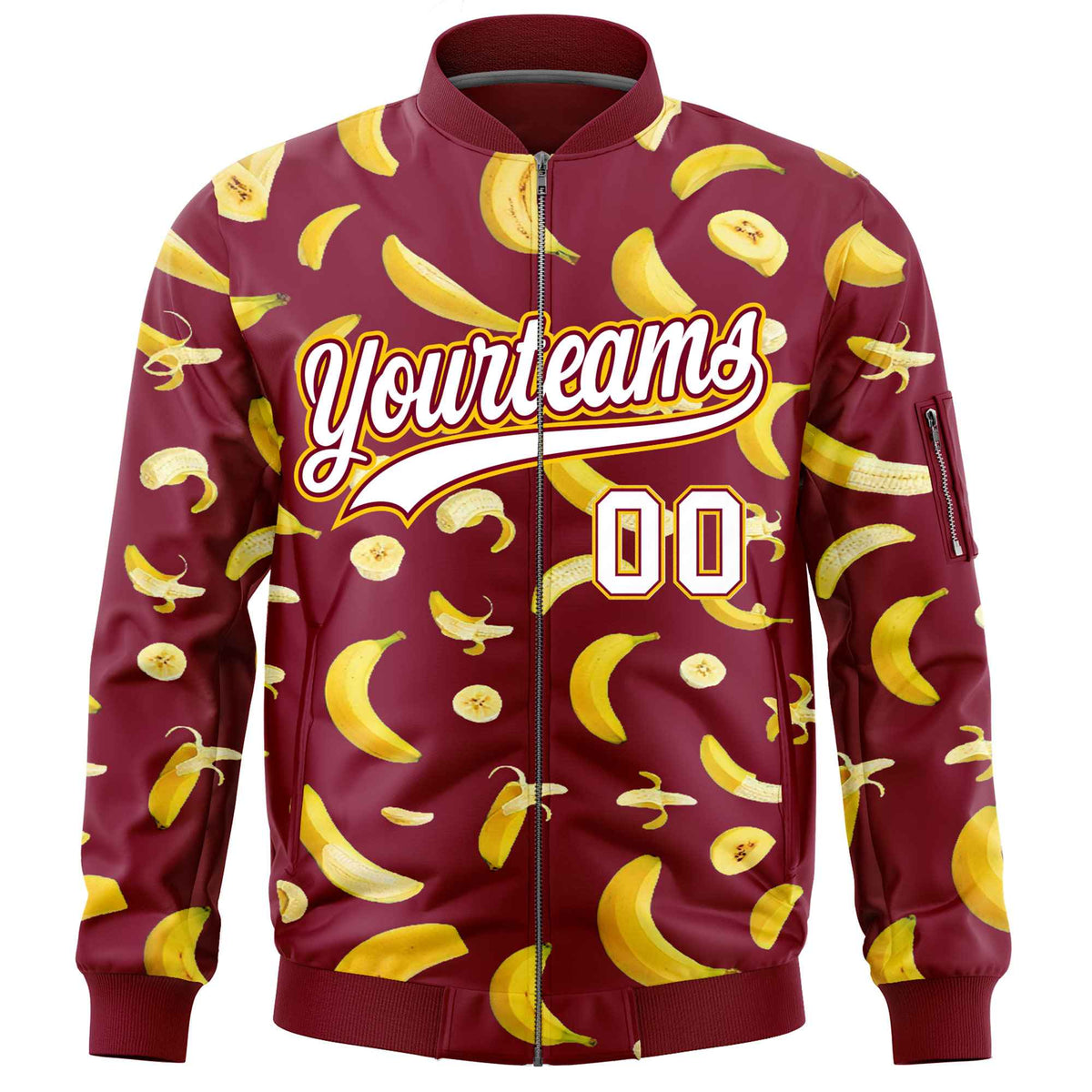 Custom Crimson Varsity Full-Zip Banana Pattern Letterman Bomber Jacket | Graffiti Pattern | Embroidery&amp;Dye-sublimation printing | KXKSHOP