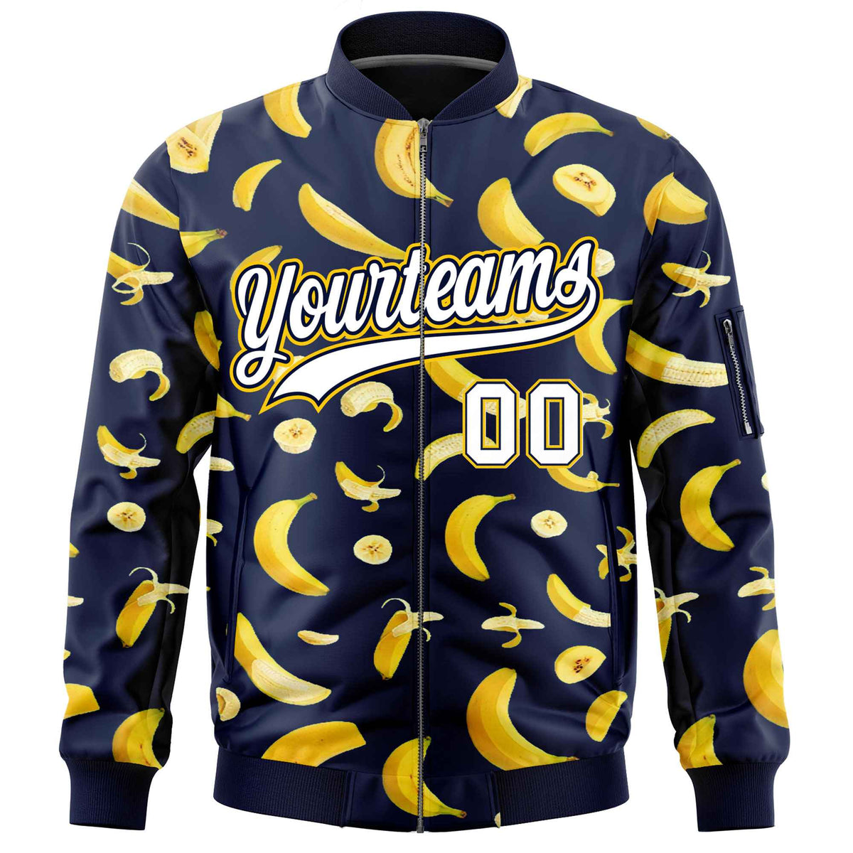Custom Navy Varsity Full-Zip Banana Pattern Letterman Bomber Jacket | Graffiti Pattern | Embroidery&amp;Dye-sublimation printing | KXKSHOP