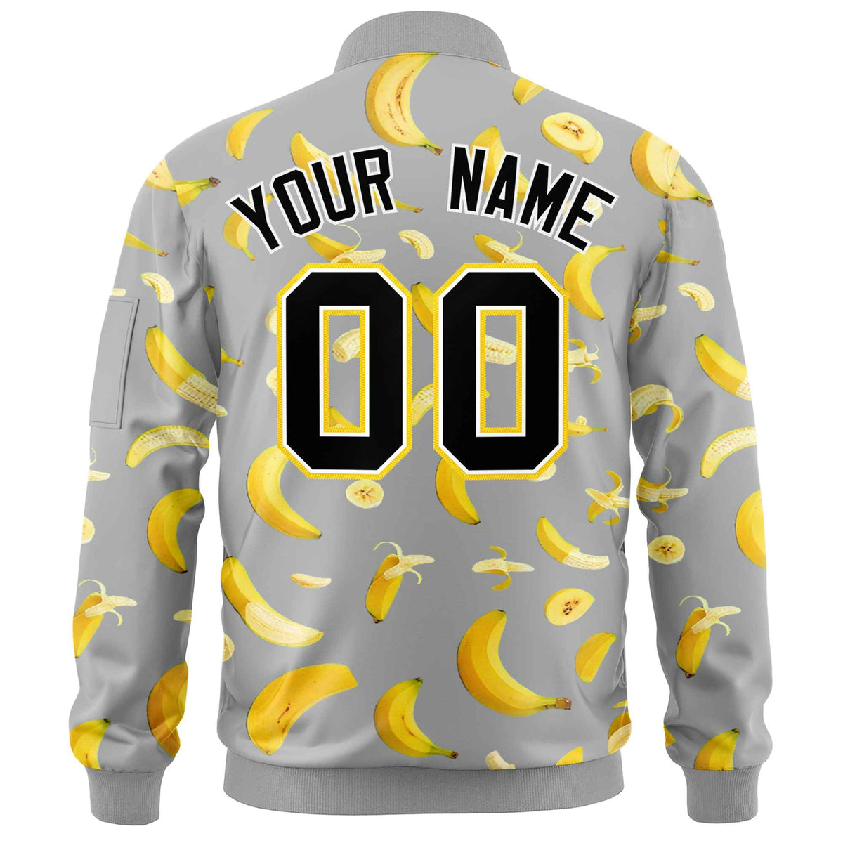 Custom Gray Varsity Full-Zip Banana Pattern Letterman Bomber Jacket | Graffiti Pattern | Embroidery&amp;Dye-sublimation printing | KXKSHOP