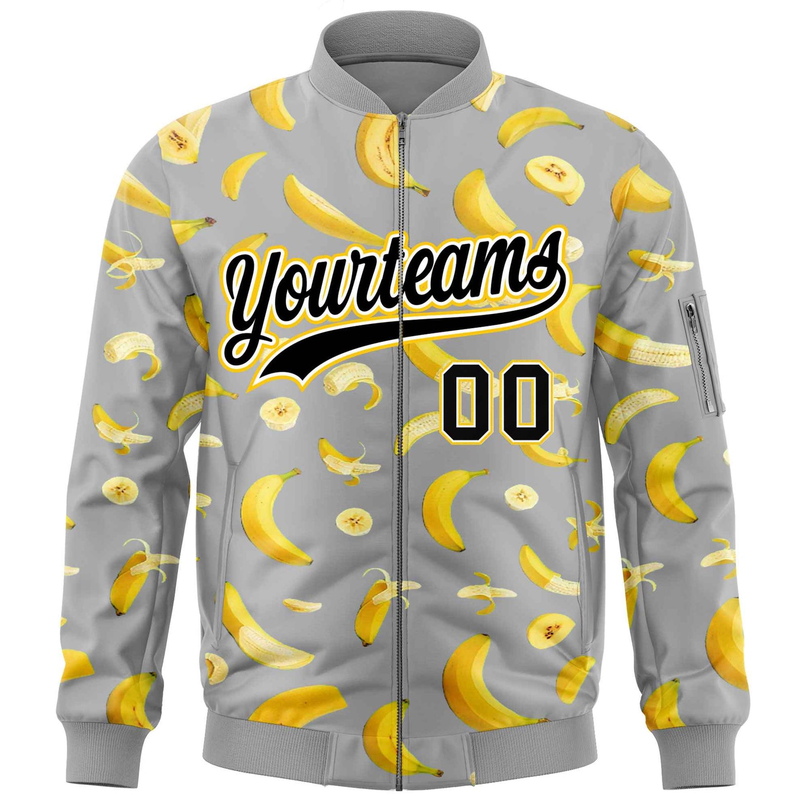 Custom Gray Varsity Full-Zip Banana Pattern Letterman Bomber Jacket | Graffiti Pattern | Embroidery&Dye-sublimation printing | KXKSHOP