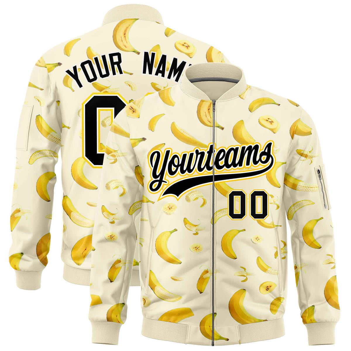 Custom Cream Varsity Full-Zip Banana Pattern Letterman Bomber Jacket | Graffiti Pattern | Embroidery&amp;Dye-sublimation printing | KXKSHOP