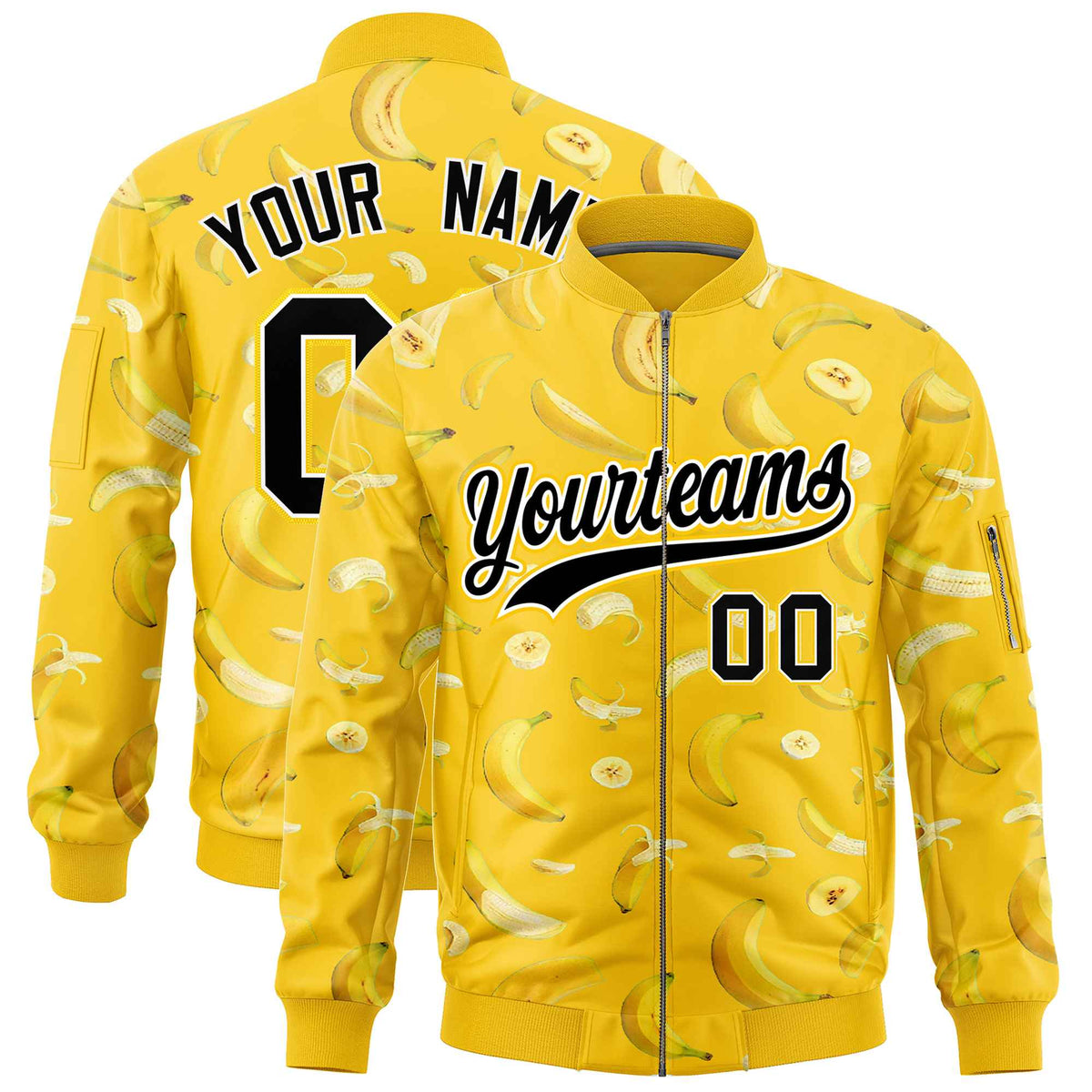 Custom Gold Varsity Full-Zip Banana Pattern Letterman Bomber Jacket | Graffiti Pattern | Embroidery&amp;Dye-sublimation printing | KXKSHOP