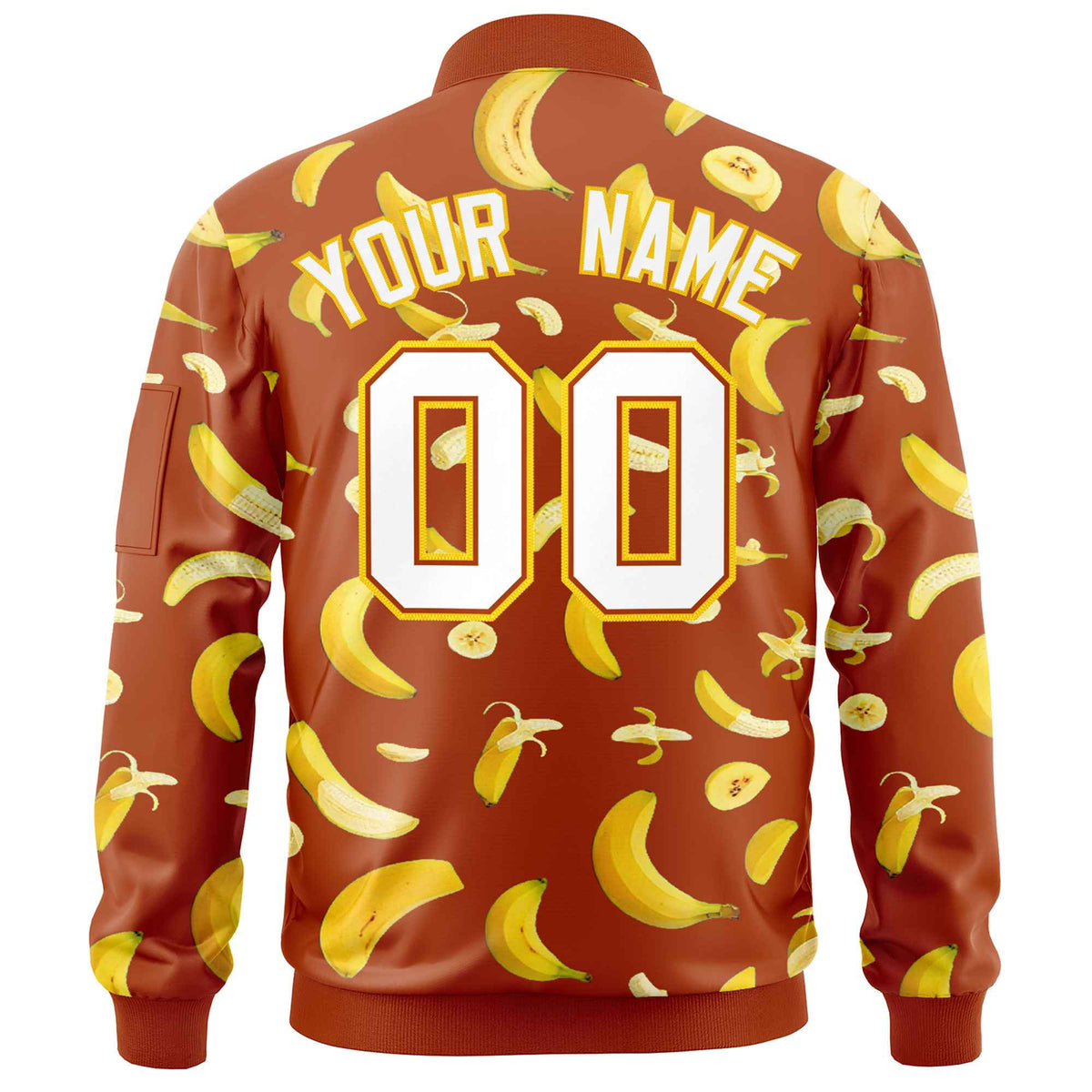 Custom Dark Orange Varsity Full-Zip Banana Pattern Letterman Bomber Jacket | Graffiti Pattern | Embroidery&amp;Dye-sublimation printing | KXKSHOP