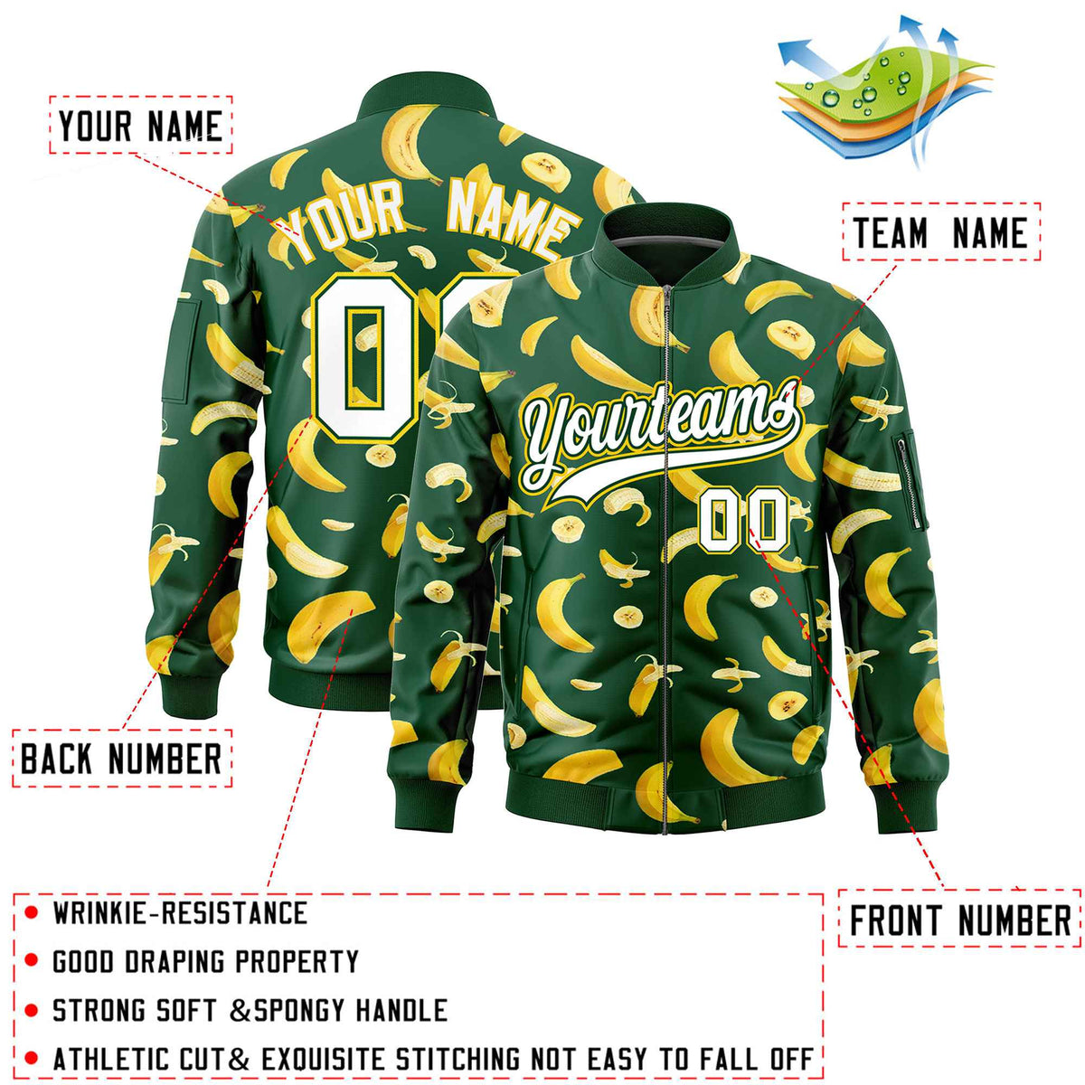 Custom Green Varsity Full-Zip Banana Pattern Letterman Bomber Jacket | Graffiti Pattern | Embroidery&amp;Dye-sublimation printing | KXKSHOP
