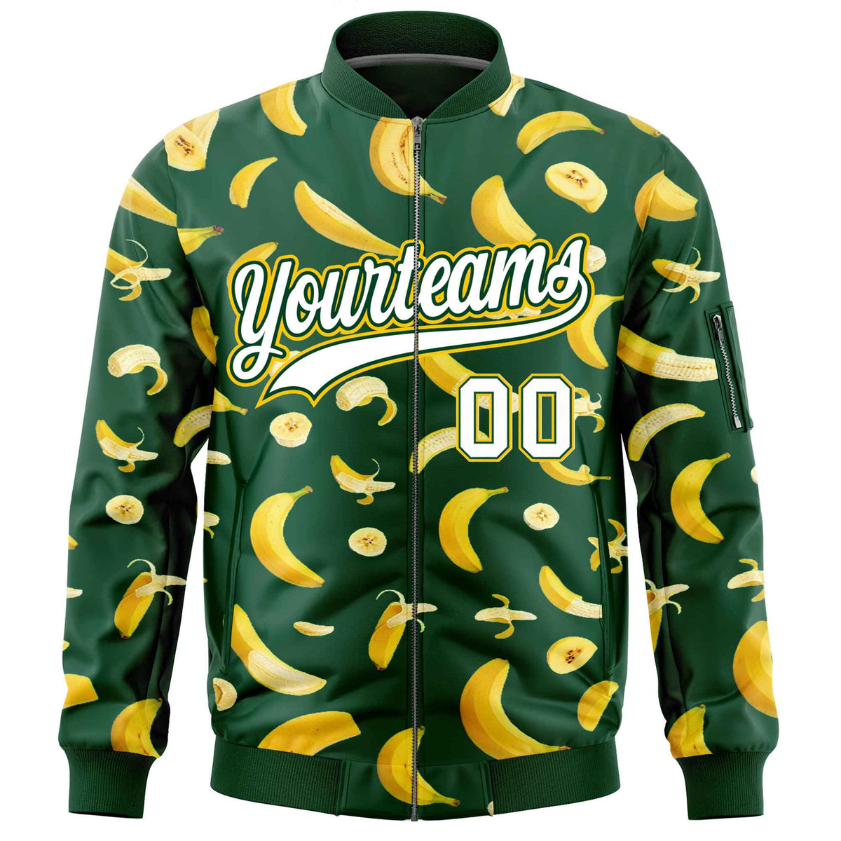 Custom Green Varsity Full-Zip Banana Pattern Letterman Bomber Jacket | Graffiti Pattern | Embroidery&amp;Dye-sublimation printing | KXKSHOP