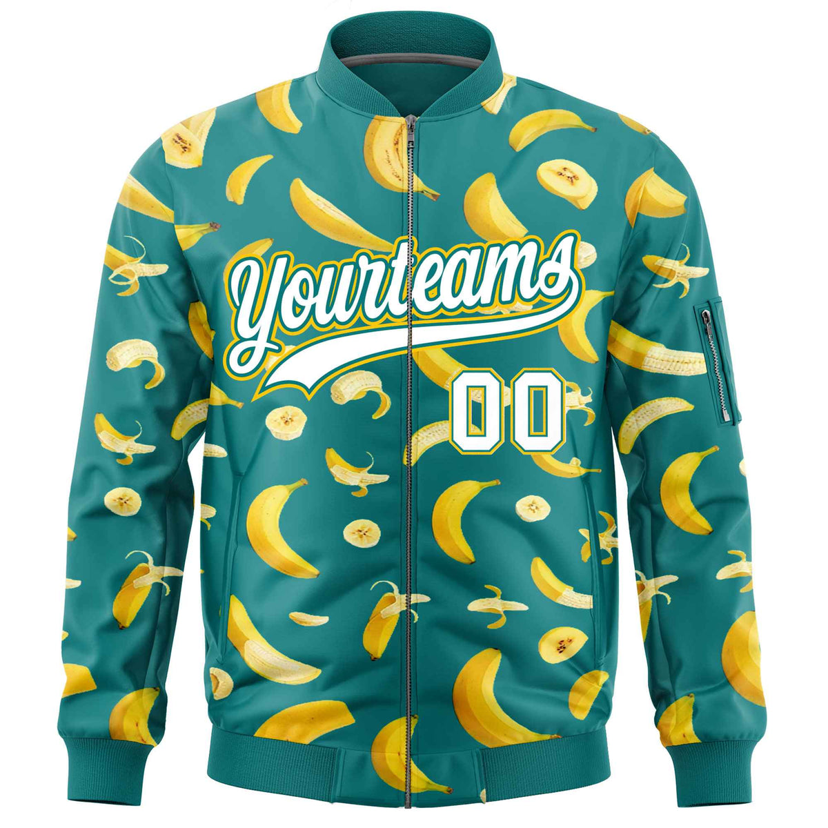 Custom Teal Varsity Full-Zip Banana Pattern Letterman Bomber Jacket | Graffiti Pattern | Embroidery&amp;Dye-sublimation printing | KXKSHOP
