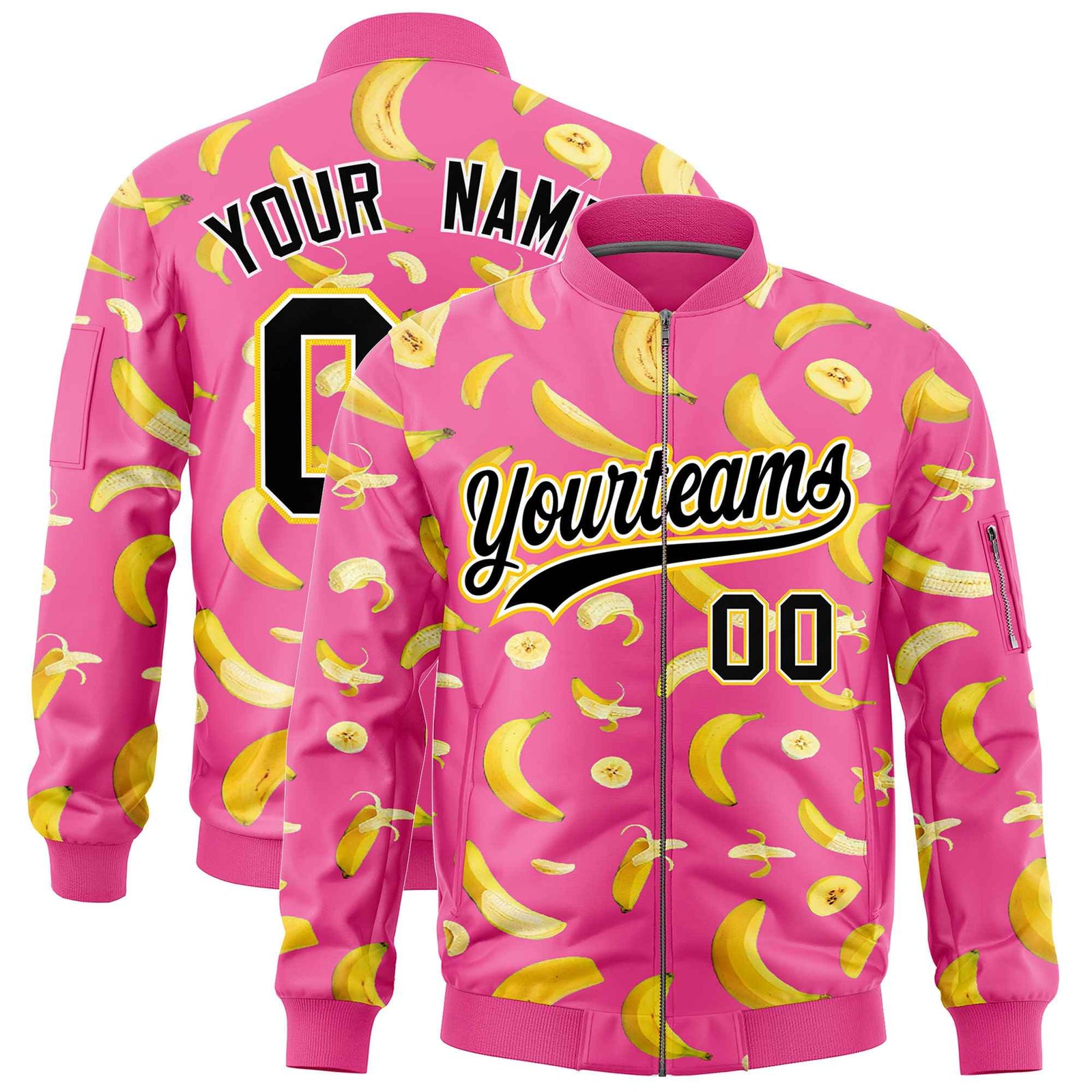 Custom Pink Varsity Full-Zip Banana Pattern Letterman Bomber Jacket | Graffiti Pattern | Embroidery&Dye-sublimation printing | KXKSHOP