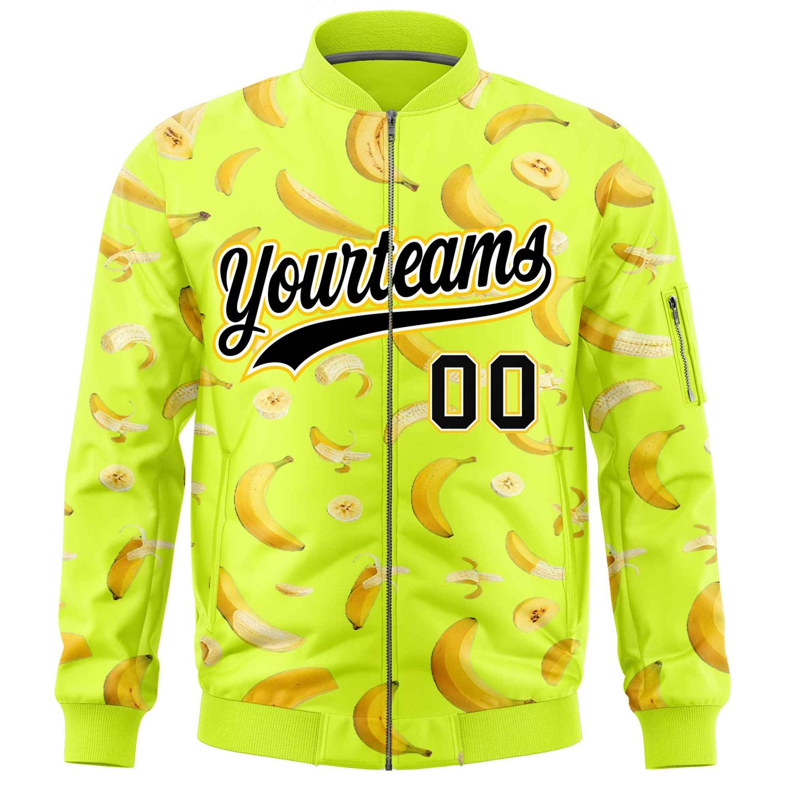 Custom Fluorescent Green Varsity Full-Zip Banana Pattern Letterman Bomber Jacket | Graffiti Pattern | Embroidery&Dye-sublimation printing | KXKSHOP