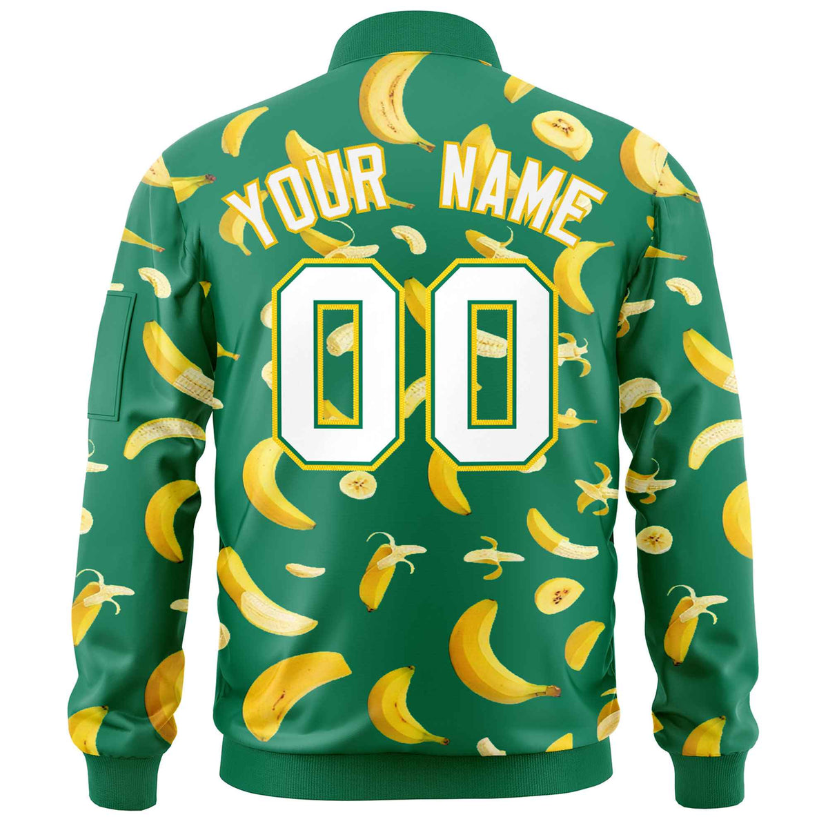 Custom Kelly Green Varsity Full-Zip Banana Pattern Letterman Bomber Jacket | Graffiti Pattern | Embroidery&amp;Dye-sublimation printing | KXKSHOP