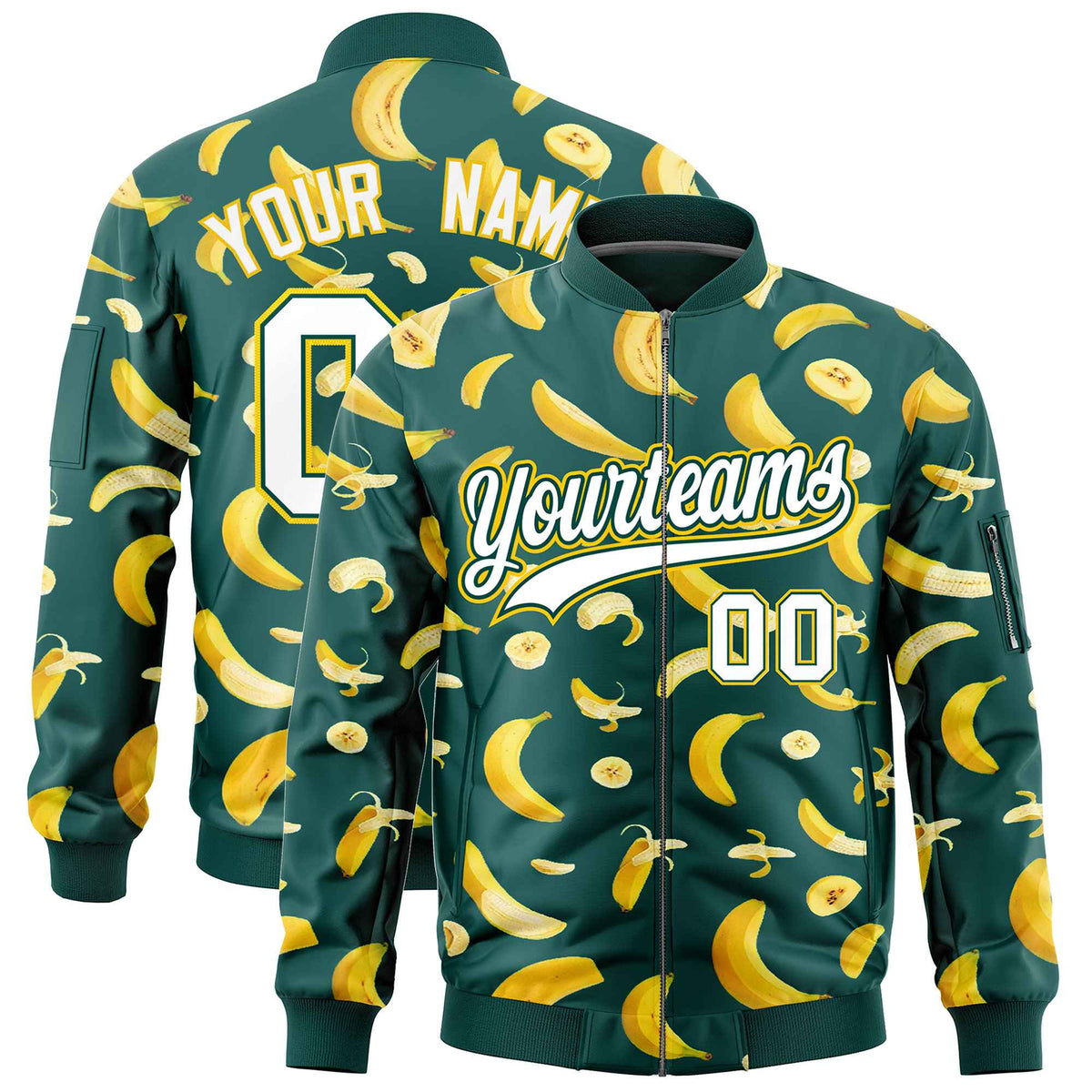 Custom Midnight Green Varsity Full-Zip Banana Pattern Letterman Bomber Jacket | Graffiti Pattern | Embroidery&amp;Dye-sublimation printing | KXKSHOP