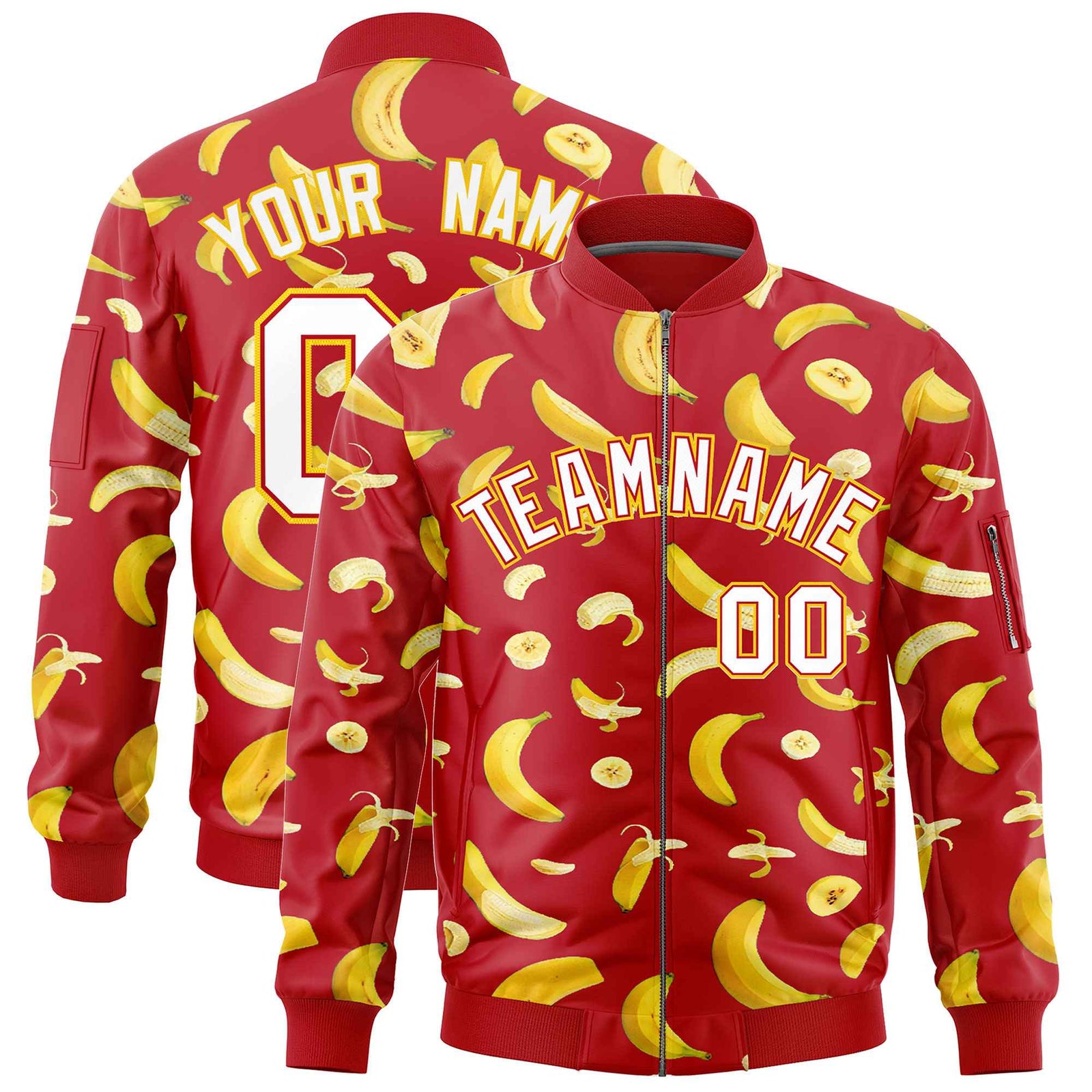 Custom Red Varsity Full-Zip Banana Pattern Letterman Bomber Jacket | Graffiti Pattern | Embroidery&Dye-sublimation printing | KXKSHOP