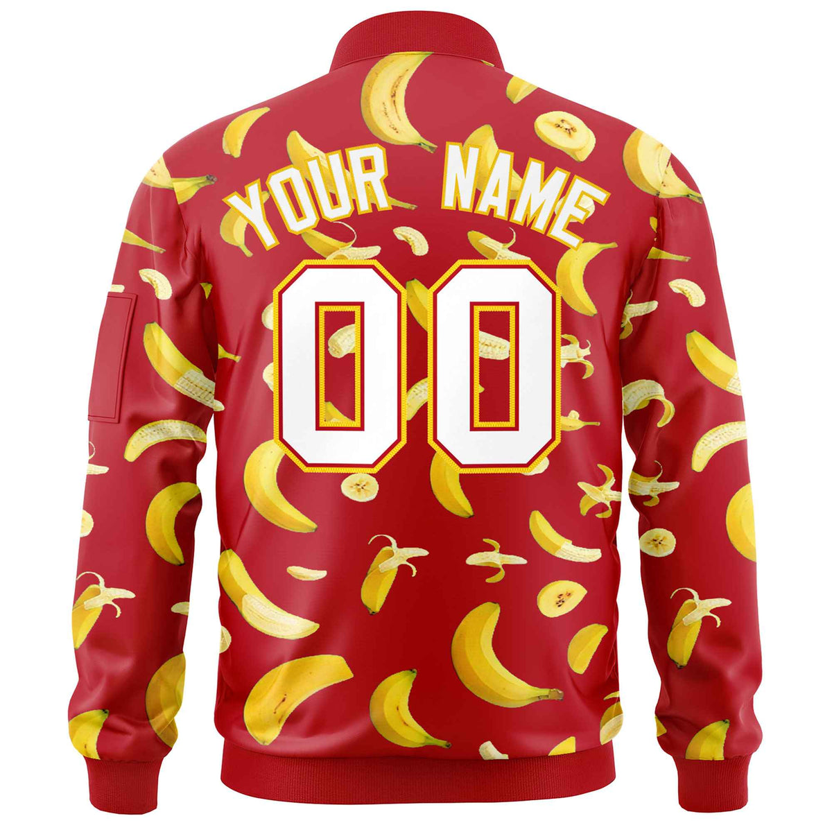 Custom Red Varsity Full-Zip Banana Pattern Letterman Bomber Jacket | Graffiti Pattern | Embroidery&amp;Dye-sublimation printing | KXKSHOP