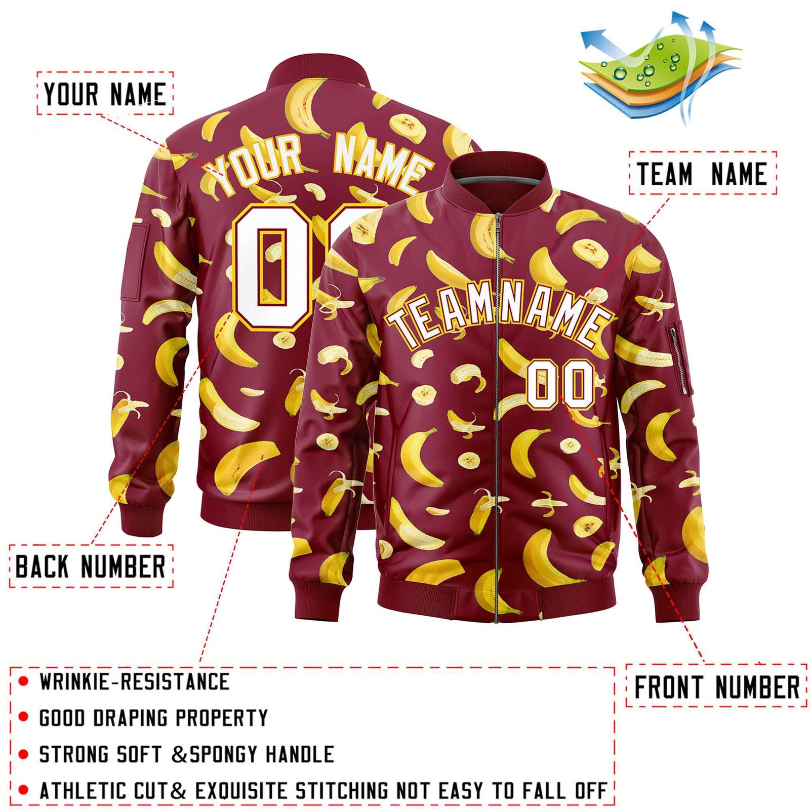 Custom Crimson Varsity Full-Zip Banana Pattern Letterman Bomber Jacket | Graffiti Pattern | Embroidery&Dye-sublimation printing | KXKSHOP
