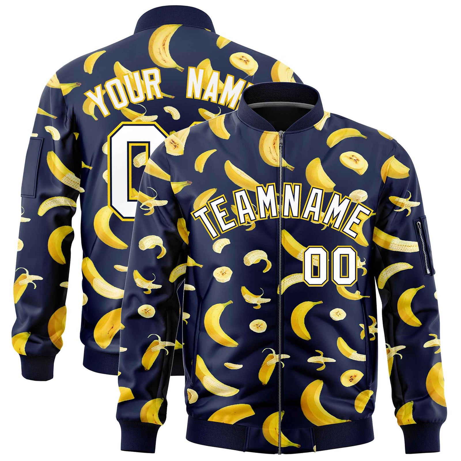 Custom Navy Varsity Full-Zip Banana Pattern Letterman Bomber Jacket | Graffiti Pattern | Embroidery&Dye-sublimation printing | KXKSHOP