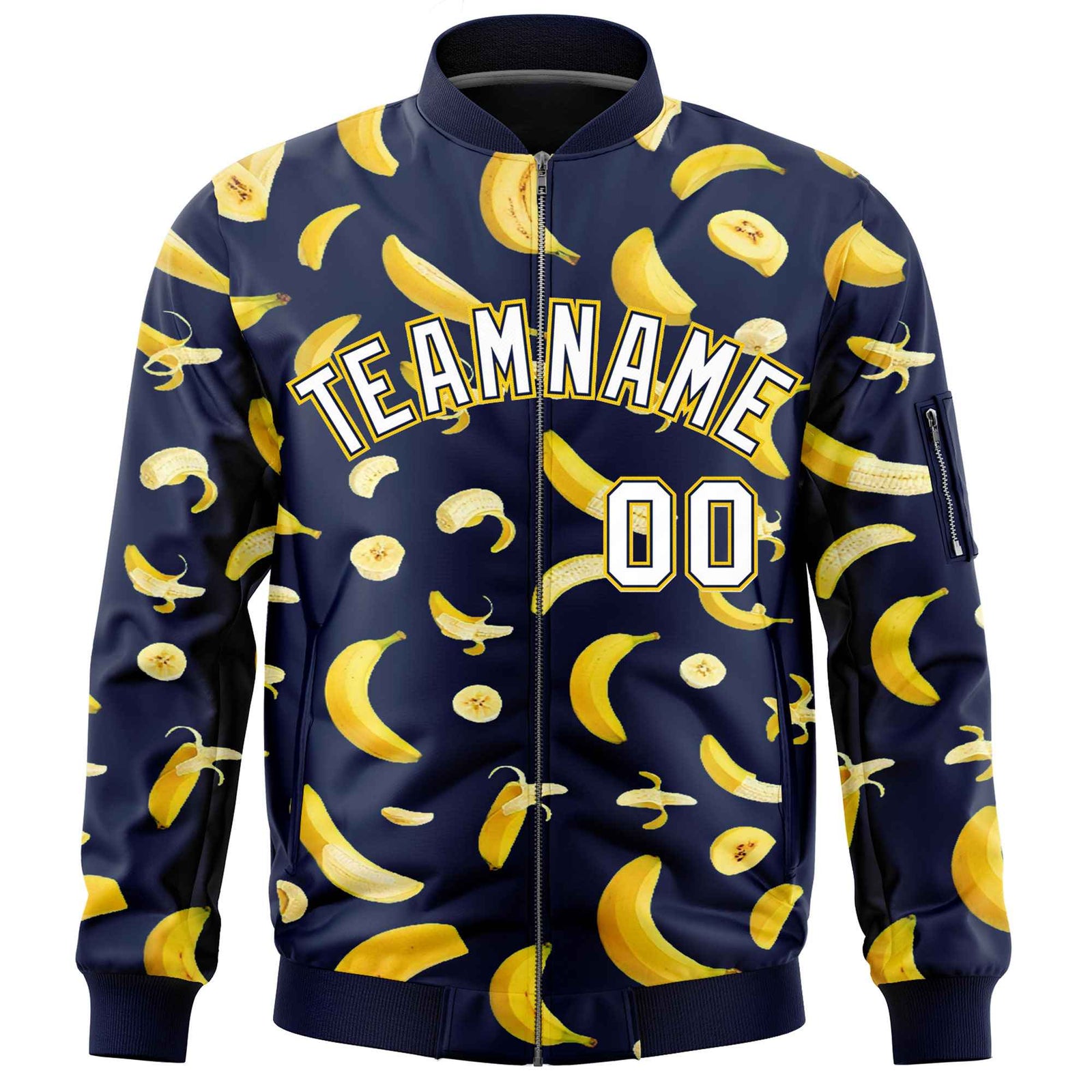 Custom Navy Varsity Full-Zip Banana Pattern Letterman Bomber Jacket | Graffiti Pattern | Embroidery&Dye-sublimation printing | KXKSHOP
