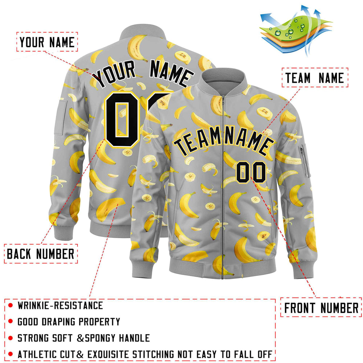 Custom Gray Varsity Full-Zip Banana Pattern Letterman Bomber Jacket | Graffiti Pattern | Embroidery&amp;Dye-sublimation printing | KXKSHOP