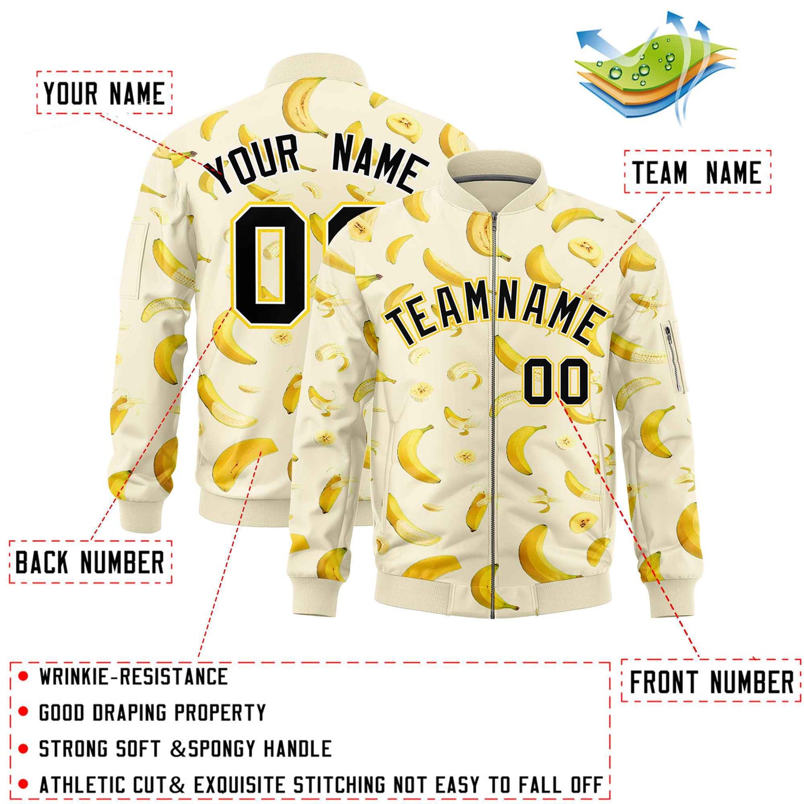 Custom Cream Varsity Full-Zip Banana Pattern Letterman Bomber Jacket | Graffiti Pattern | Embroidery&Dye-sublimation printing | KXKSHOP