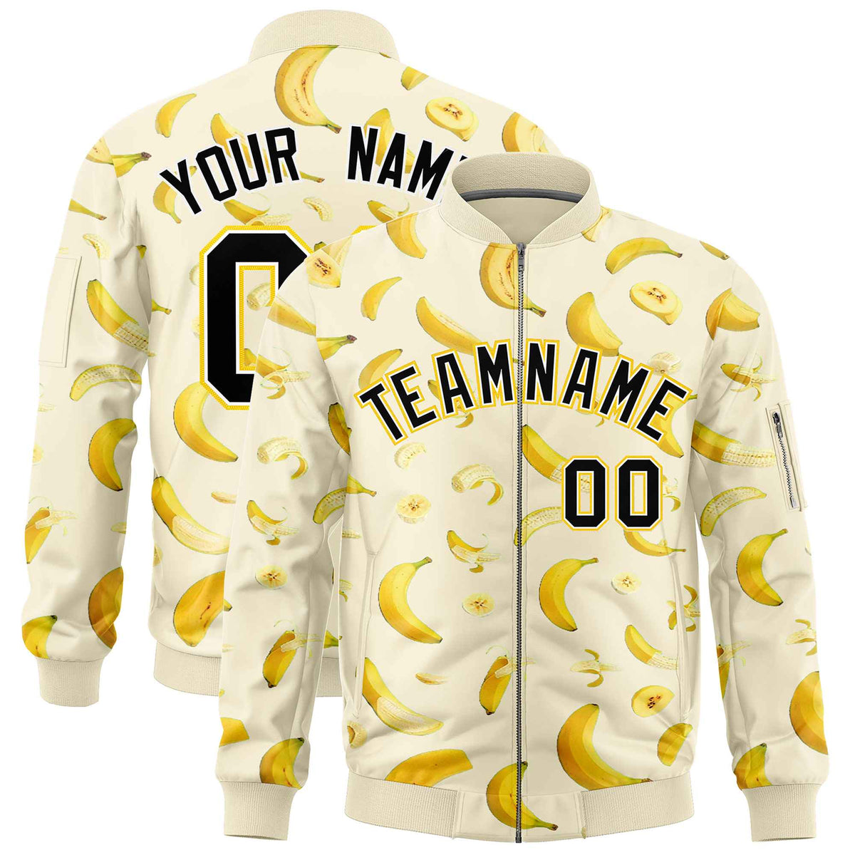 Custom Cream Varsity Full-Zip Banana Pattern Letterman Bomber Jacket | Graffiti Pattern | Embroidery&amp;Dye-sublimation printing | KXKSHOP