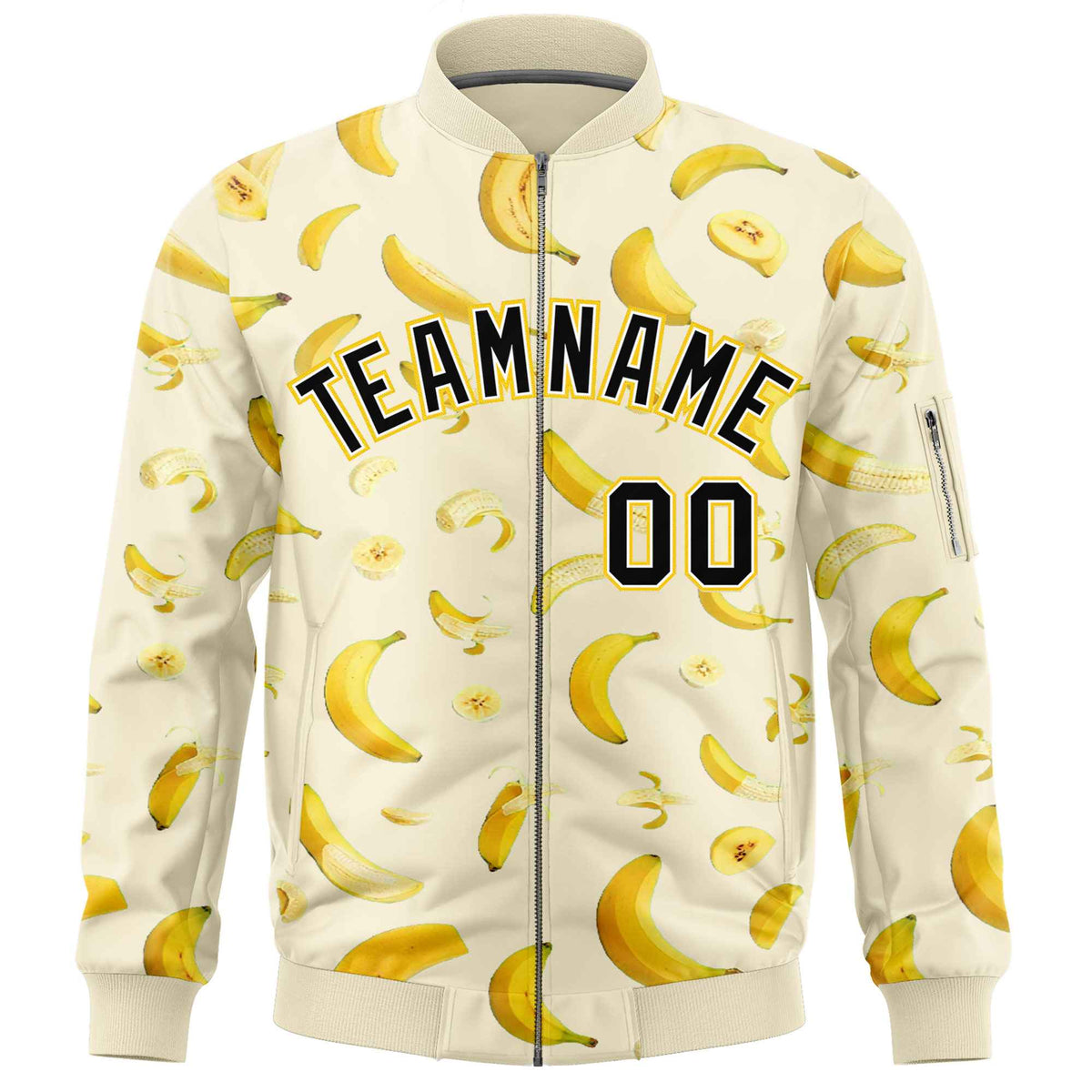 Custom Cream Varsity Full-Zip Banana Pattern Letterman Bomber Jacket | Graffiti Pattern | Embroidery&amp;Dye-sublimation printing | KXKSHOP