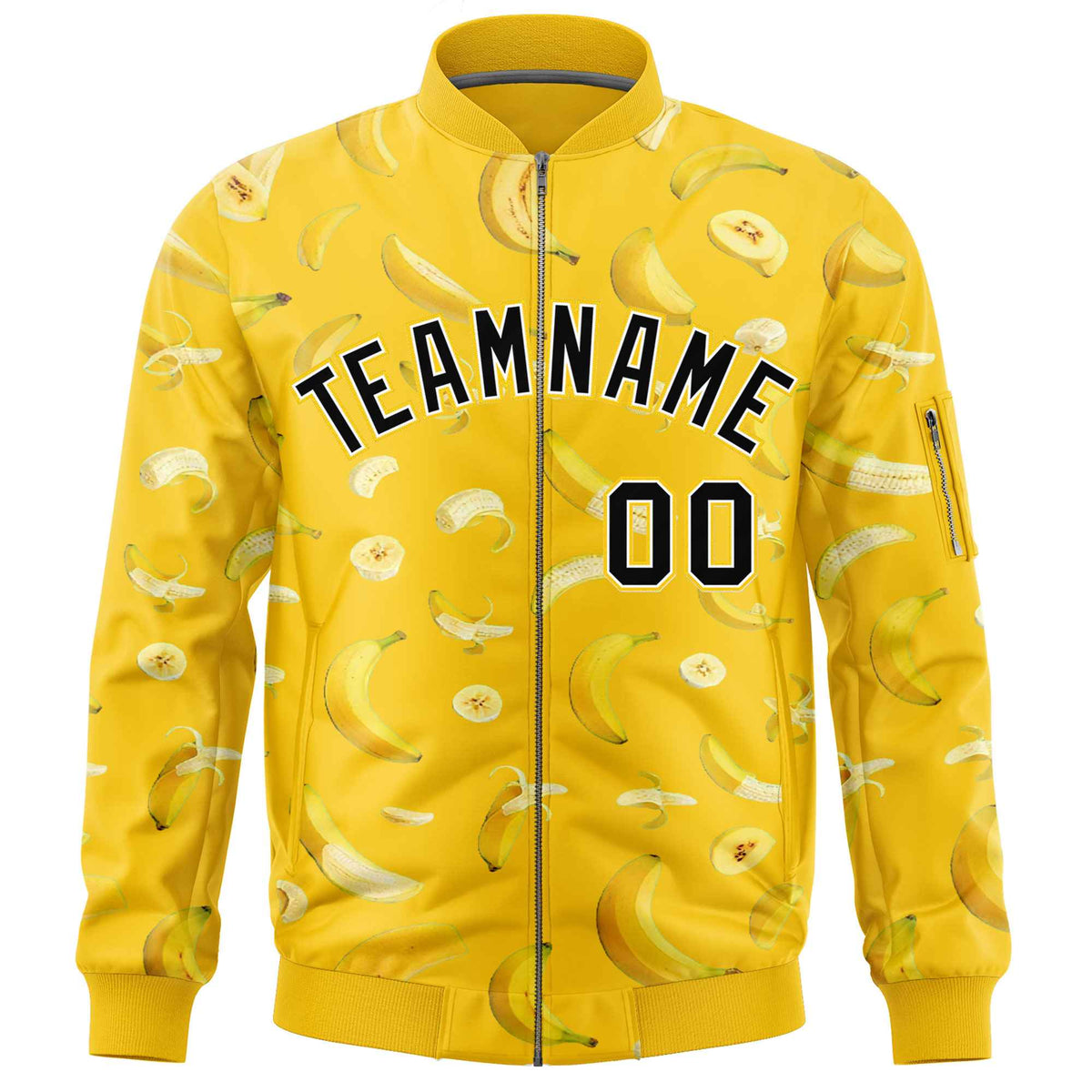 Custom Gold Varsity Full-Zip Banana Pattern Letterman Bomber Jacket | Graffiti Pattern | Embroidery&amp;Dye-sublimation printing | KXKSHOP