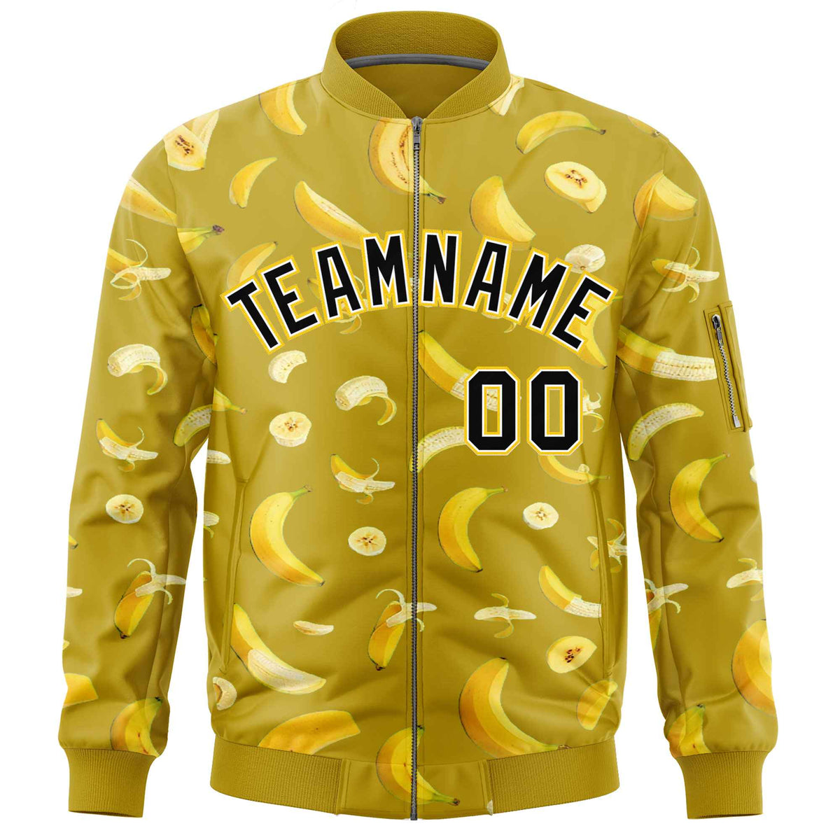 Custom Old Gold Varsity Full-Zip Banana Pattern Letterman Bomber Jacket | Graffiti Pattern | Embroidery&amp;Dye-sublimation printing | KXKSHOP