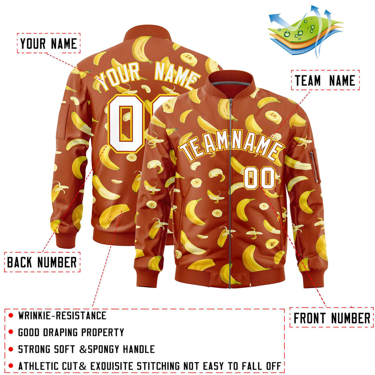 Custom Dark Orange Varsity Full-Zip Banana Pattern Letterman Bomber Jacket | Graffiti Pattern | Embroidery&amp;Dye-sublimation printing | KXKSHOP