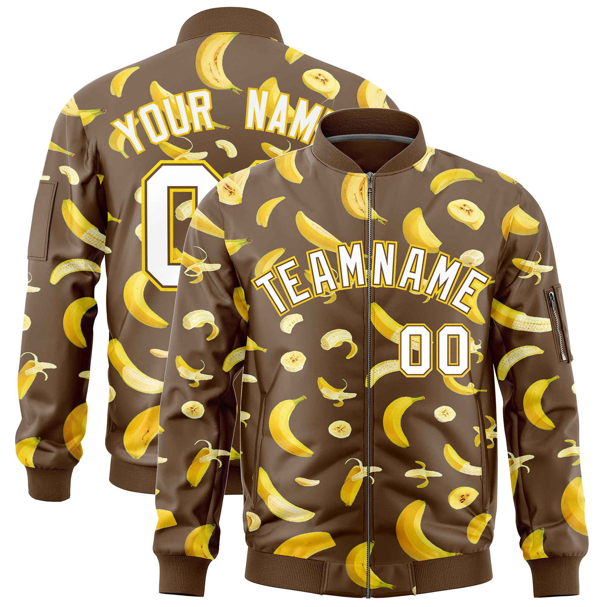 Custom Light Brown Varsity Full-Zip Banana Pattern Letterman Bomber Jacket | Graffiti Pattern | Embroidery&amp;Dye-sublimation printing | KXKSHOP