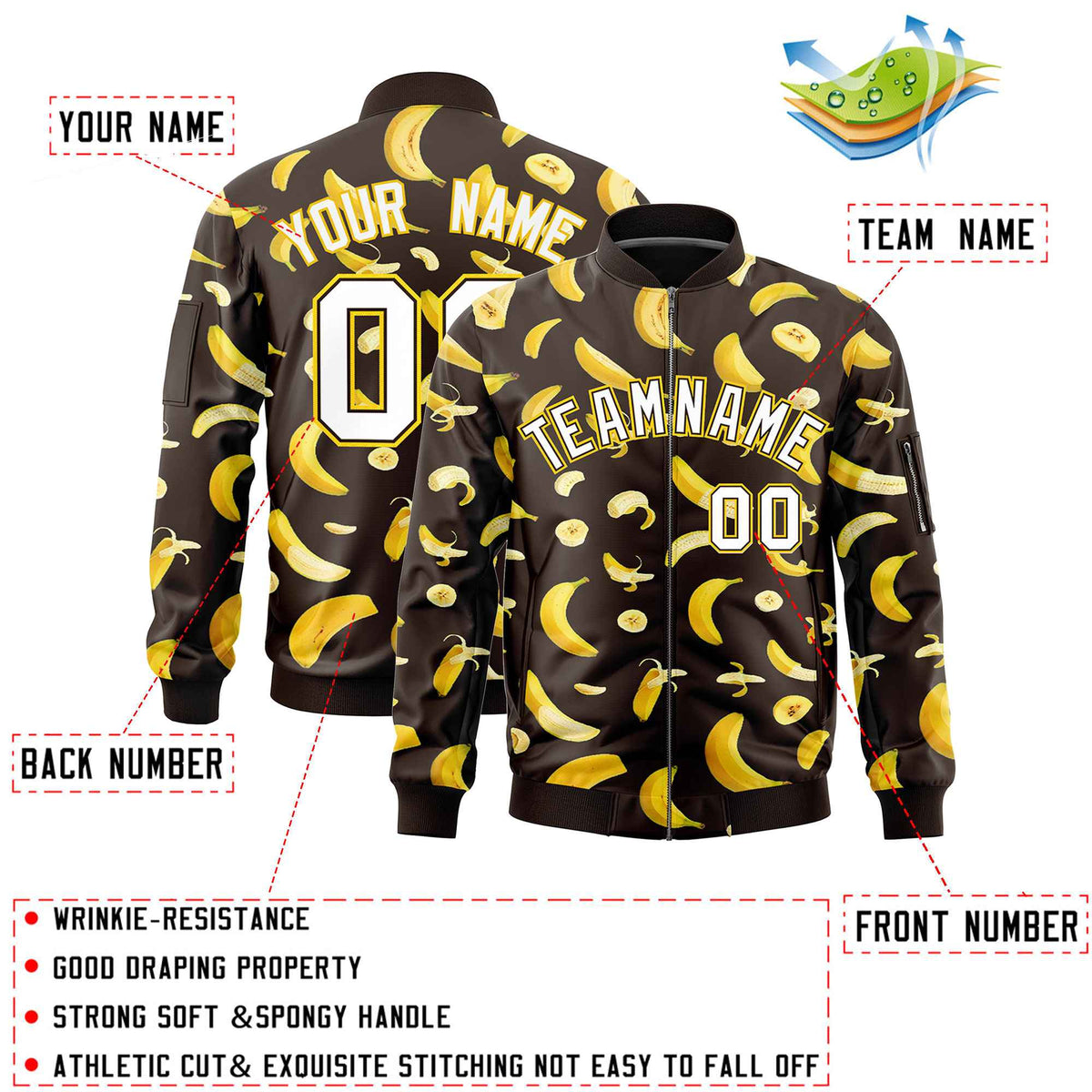 Custom Brown Varsity Full-Zip Banana Pattern Letterman Bomber Jacket | Graffiti Pattern | Embroidery&amp;Dye-sublimation printing | KXKSHOP