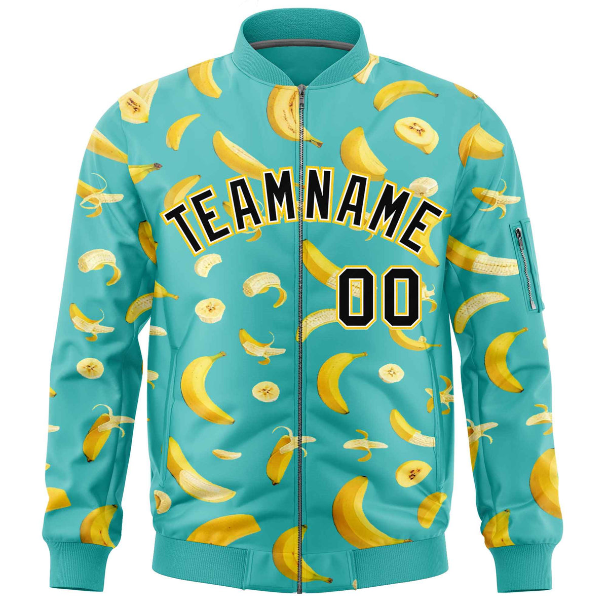 Custom Teal Varsity Full-Zip Banana Pattern Letterman Bomber Jacket | Graffiti Pattern | Embroidery&amp;Dye-sublimation printing | KXKSHOP