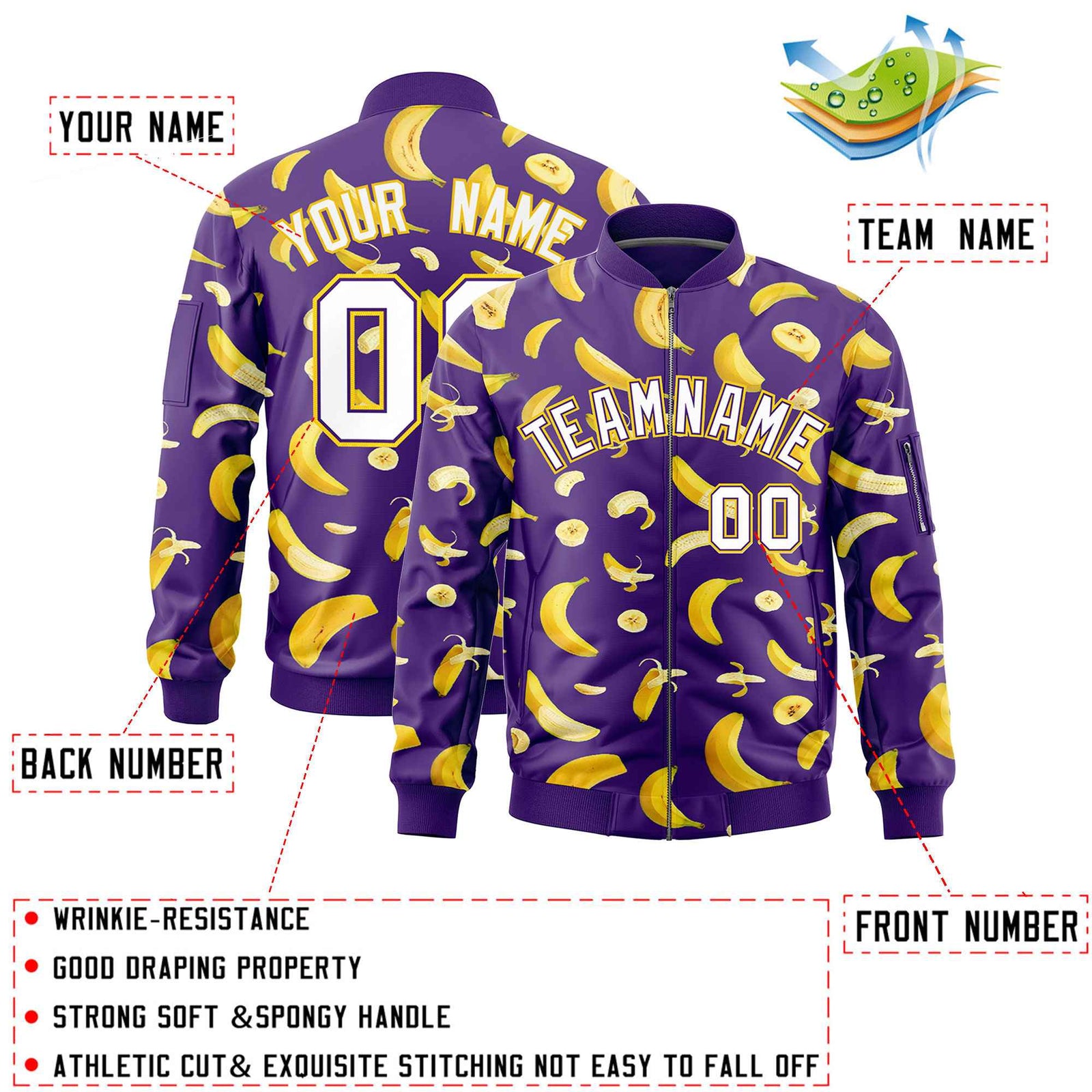 Custom Purple Varsity Full-Zip Banana Pattern Letterman Bomber Jacket | Graffiti Pattern | Embroidery&Dye-sublimation printing | KXKSHOP