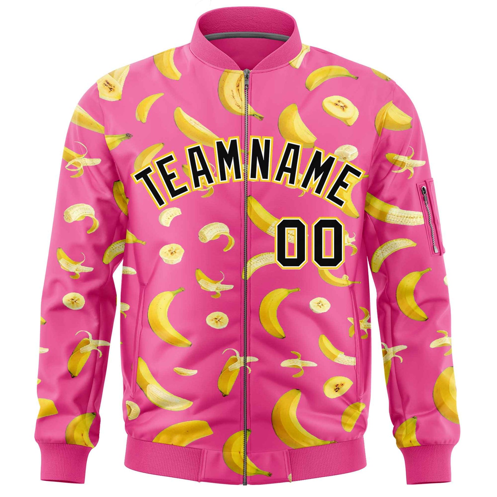 Custom Pink Varsity Full-Zip Banana Pattern Letterman Bomber Jacket | Graffiti Pattern | Embroidery&Dye-sublimation printing | KXKSHOP