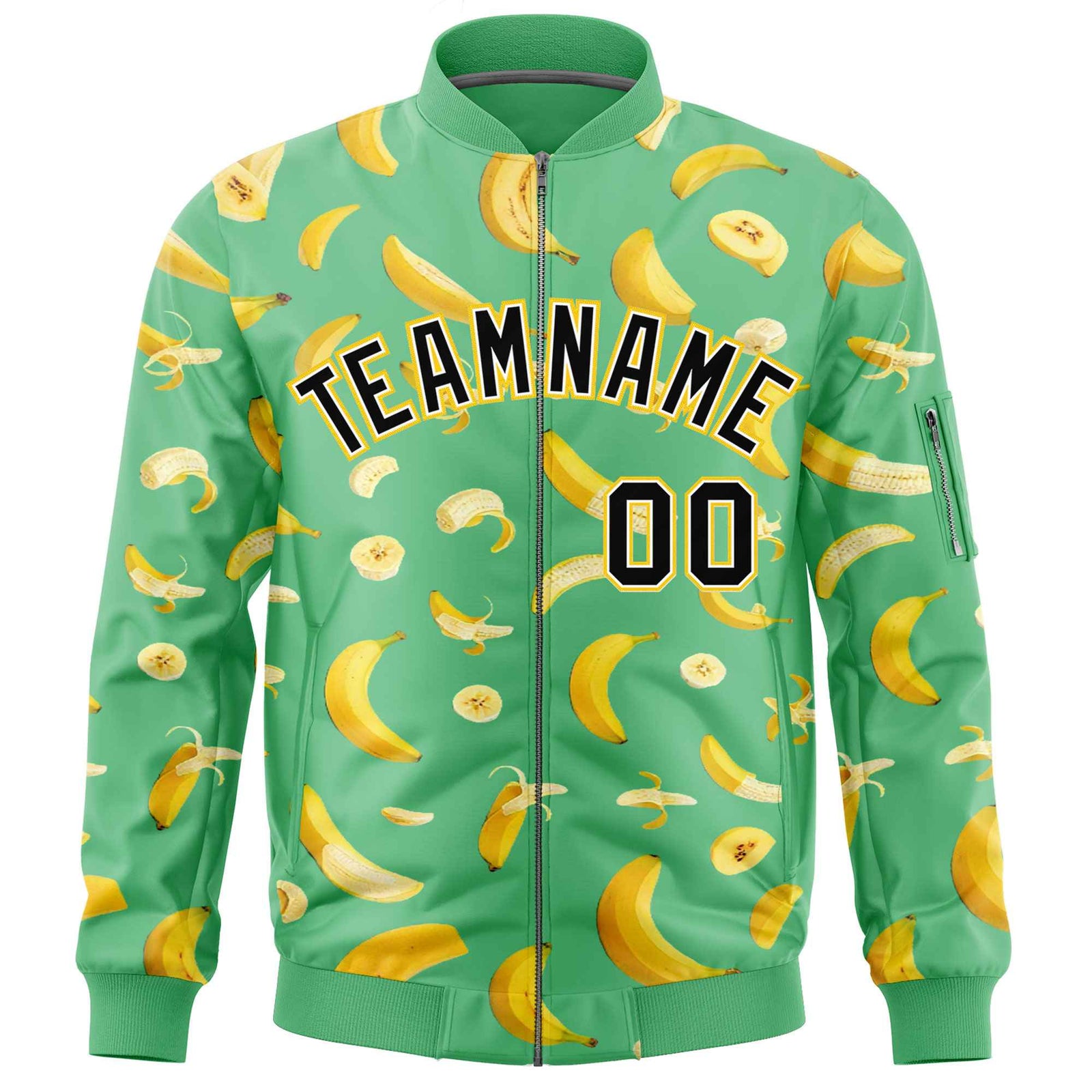 Custom Neon Green Varsity Full-Zip Banana Pattern Letterman Bomber Jacket | Graffiti Pattern | Embroidery&Dye-sublimation printing | KXKSHOP