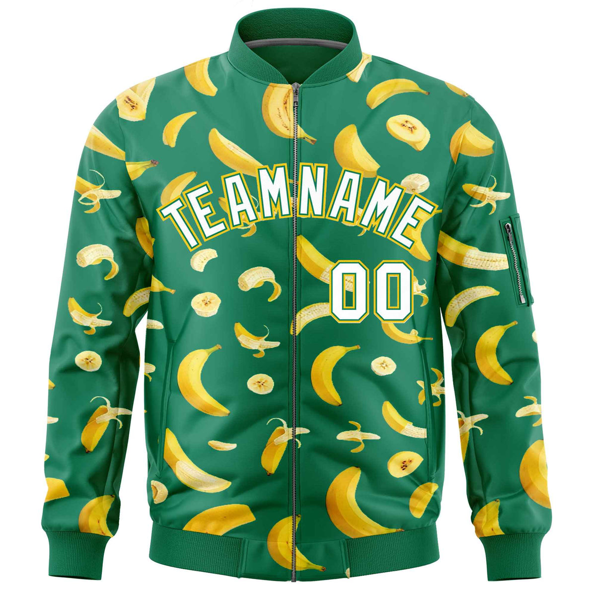 Custom Kelly Green Varsity Full-Zip Banana Pattern Letterman Bomber Jacket | Graffiti Pattern | Embroidery&amp;Dye-sublimation printing | KXKSHOP