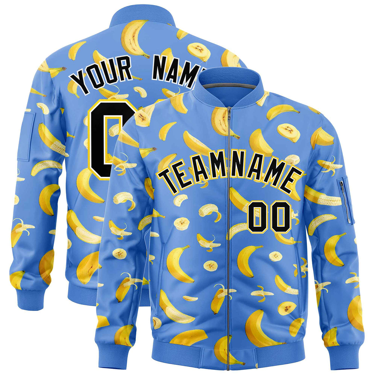 Custom Powder Blue Varsity Full-Zip Banana Pattern Letterman Bomber Jacket | Graffiti Pattern | Embroidery&amp;Dye-sublimation printing | KXKSHOP