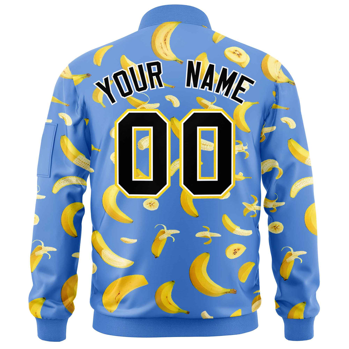 Custom Powder Blue Varsity Full-Zip Banana Pattern Letterman Bomber Jacket | Graffiti Pattern | Embroidery&amp;Dye-sublimation printing | KXKSHOP