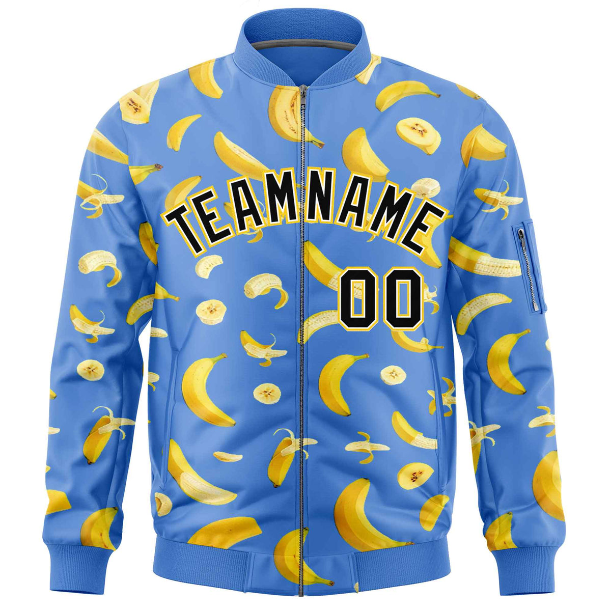 Custom Powder Blue Varsity Full-Zip Banana Pattern Letterman Bomber Jacket | Graffiti Pattern | Embroidery&amp;Dye-sublimation printing | KXKSHOP