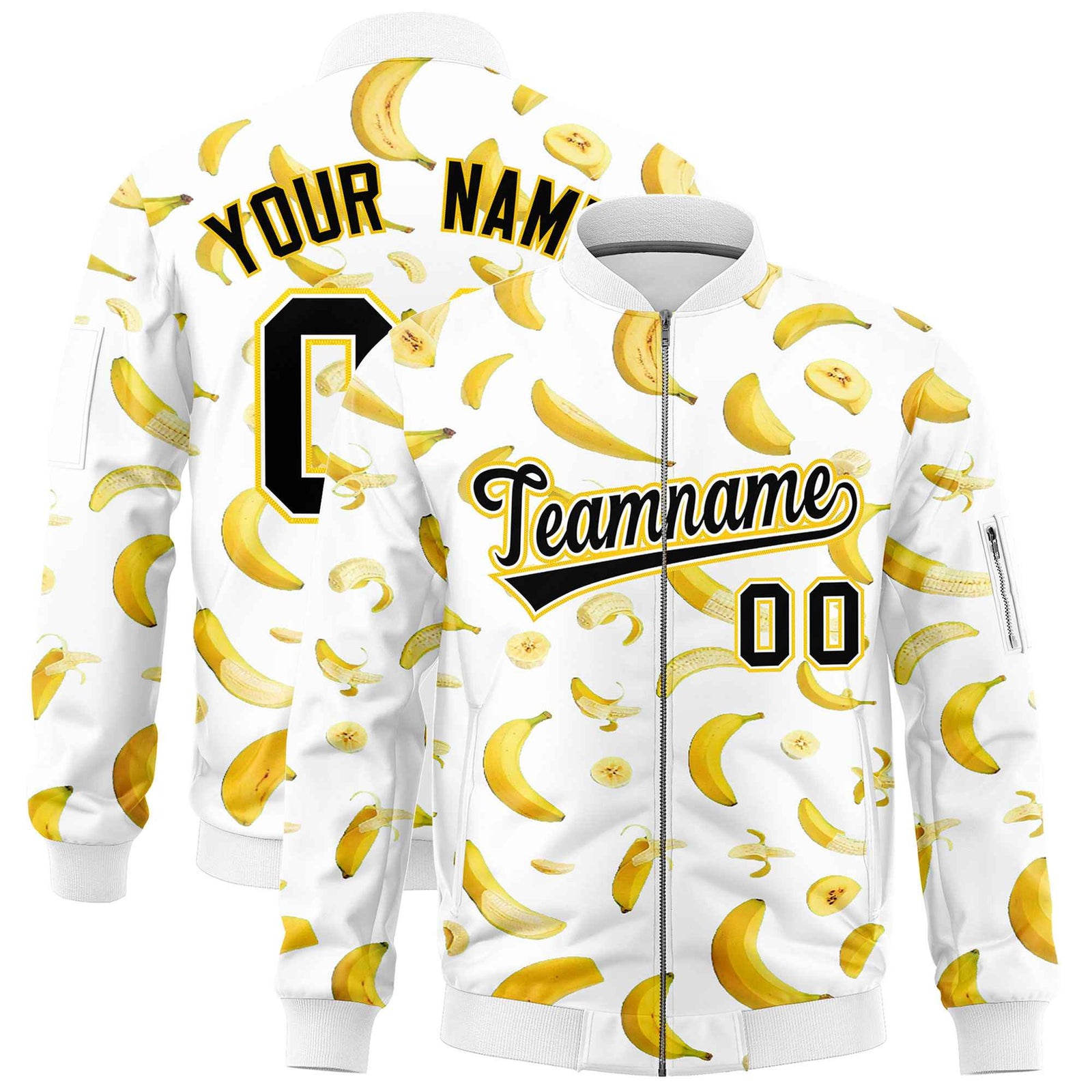 Custom White Varsity Full-Zip Banana Pattern Letterman Bomber Jacket | Graffiti Pattern | Embroidery&Dye-sublimation printing | KXKSHOP