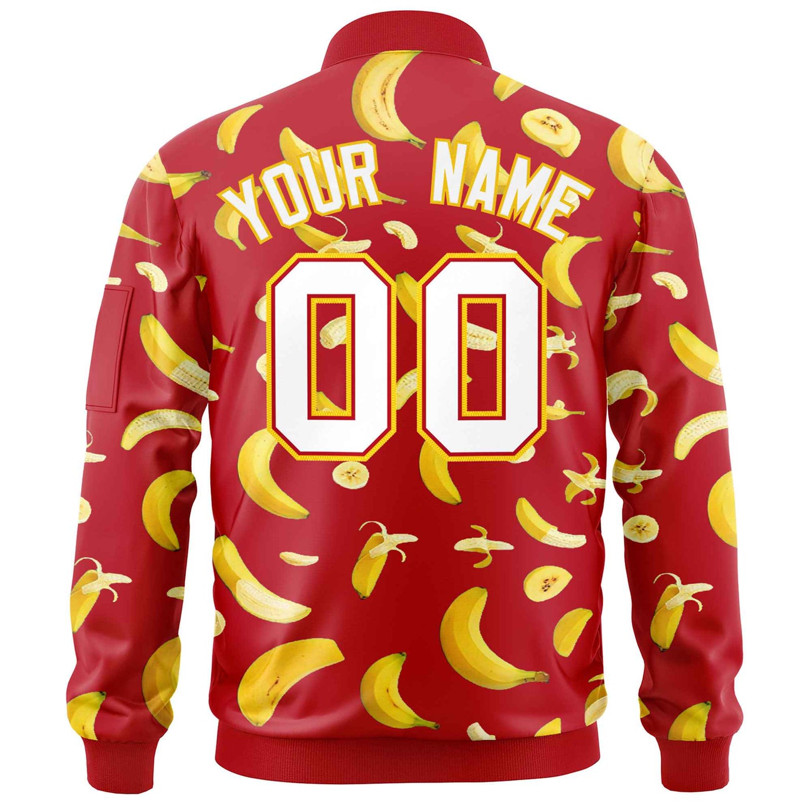 Custom Red Varsity Full-Zip Banana Pattern Letterman Bomber Jacket | Graffiti Pattern | Embroidery&Dye-sublimation printing | KXKSHOP